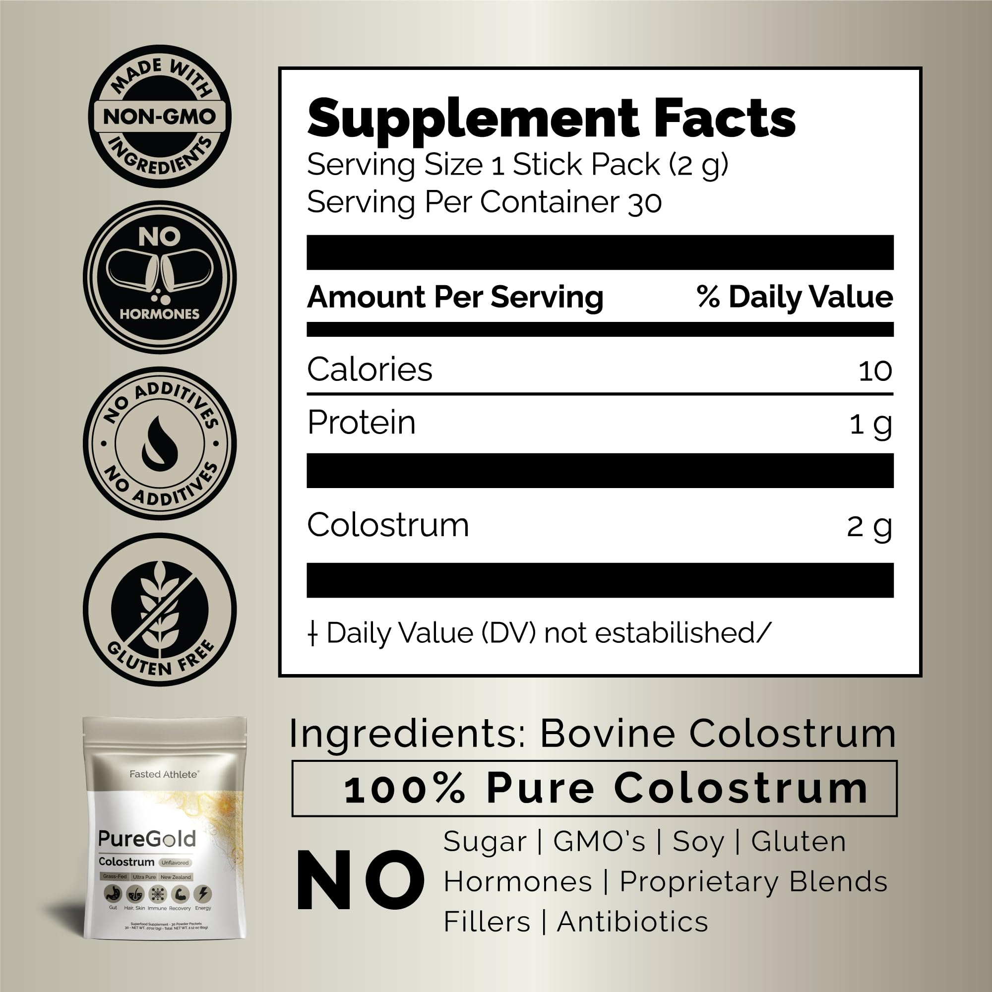 PureGold - Bovine Colostrum Powder - 100% Pure New Zealand Grass Fed, Supports Gut Health, Skin, Hair, & Immunity – Colostrum Supplement, Unflavored, 30 Travel Packets Fasted Athlete buy supplements canada