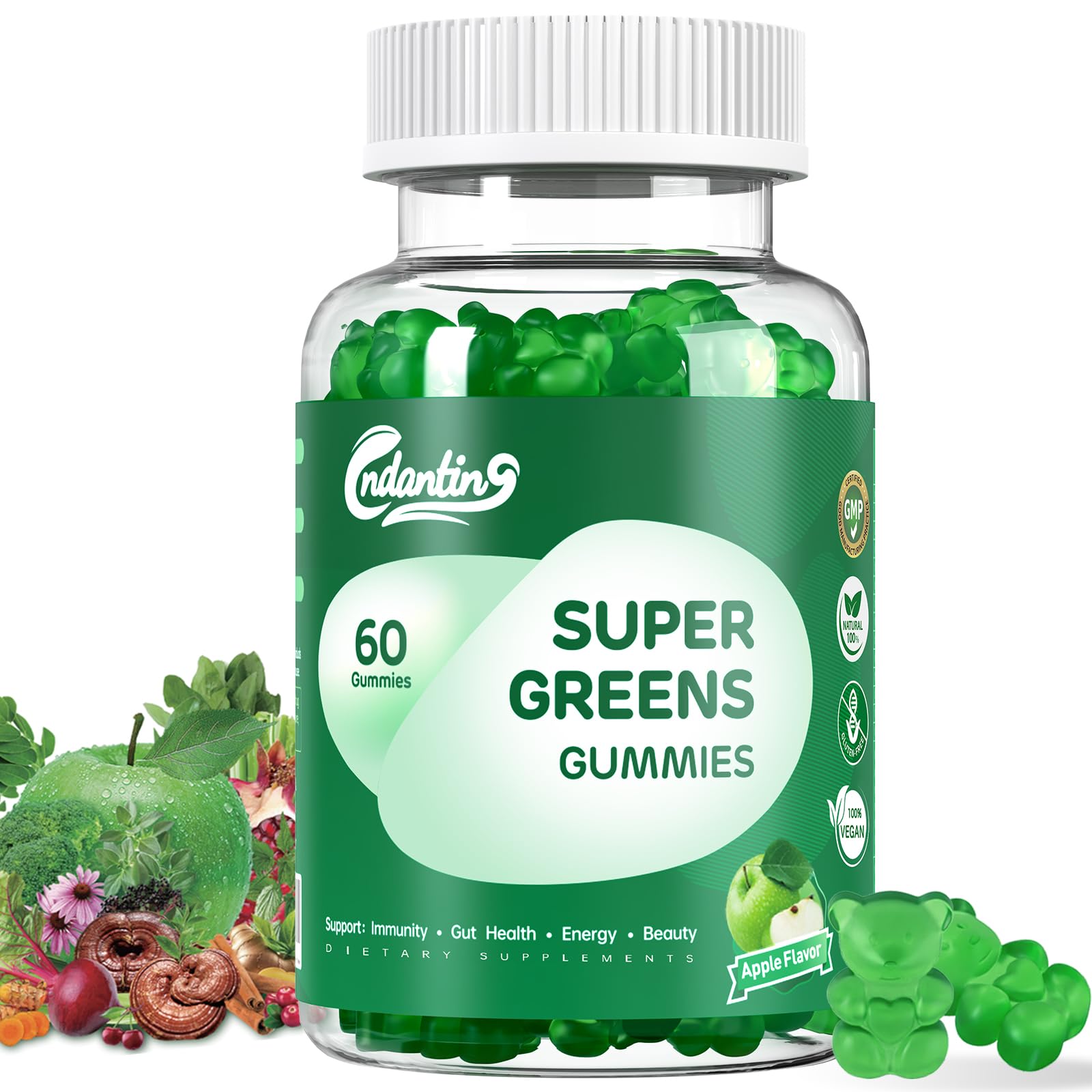 Multivitamin Super Greens Gummies - Daily Vegan Gummy Vitamins for Women, Apple Flavor | Organic Blend with Vitamin C, Turmeric, Zinc, Immune Support, Energy Booster, Metabolism | 60 Count CNDANTING buy supplements canada