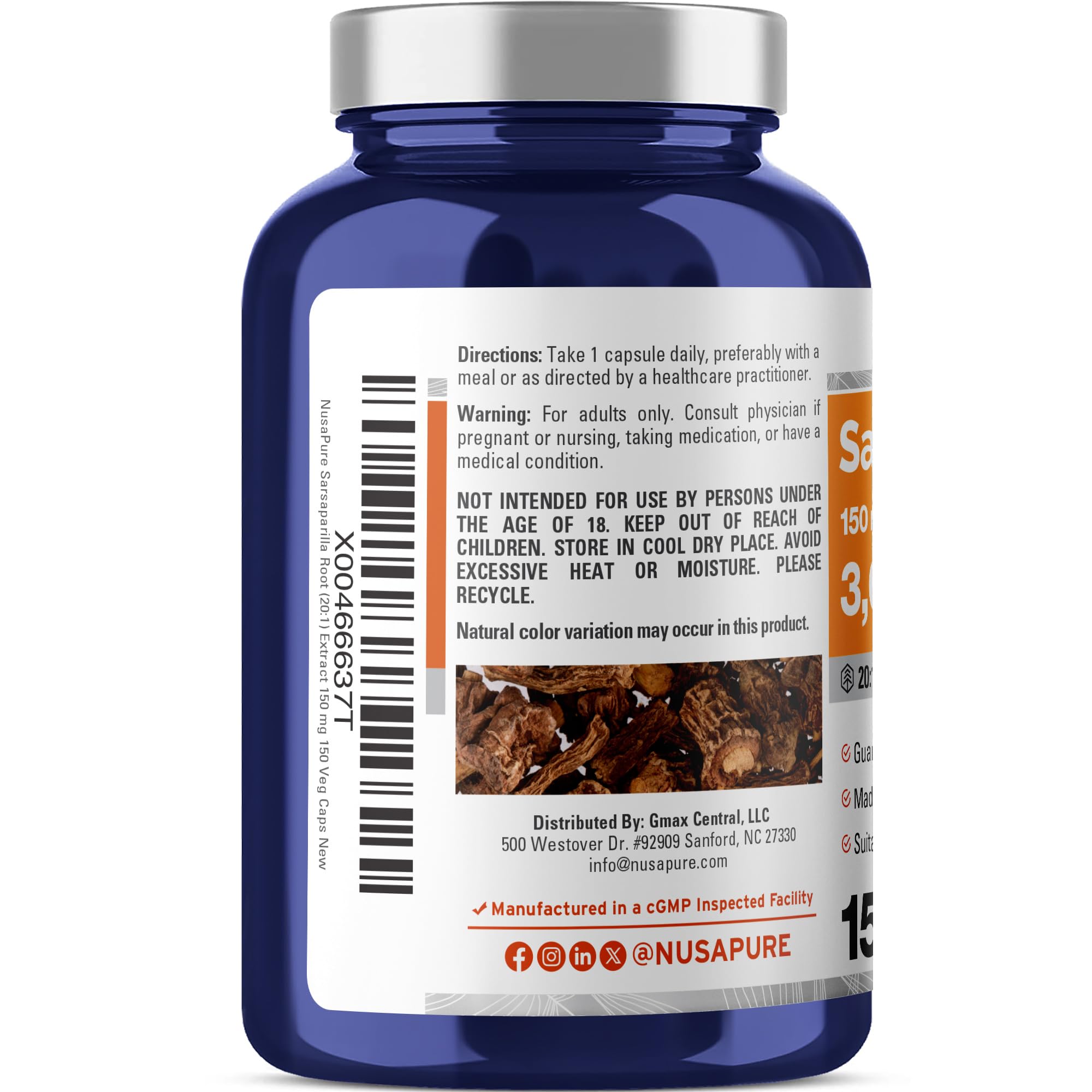 NusaPure Sarsaparilla Root 20:1 Extract - Suitable for Vegetarian/Vegan, Non - GMO - 3000 mg - 150 Capsules NusaPure buy supplements canada
