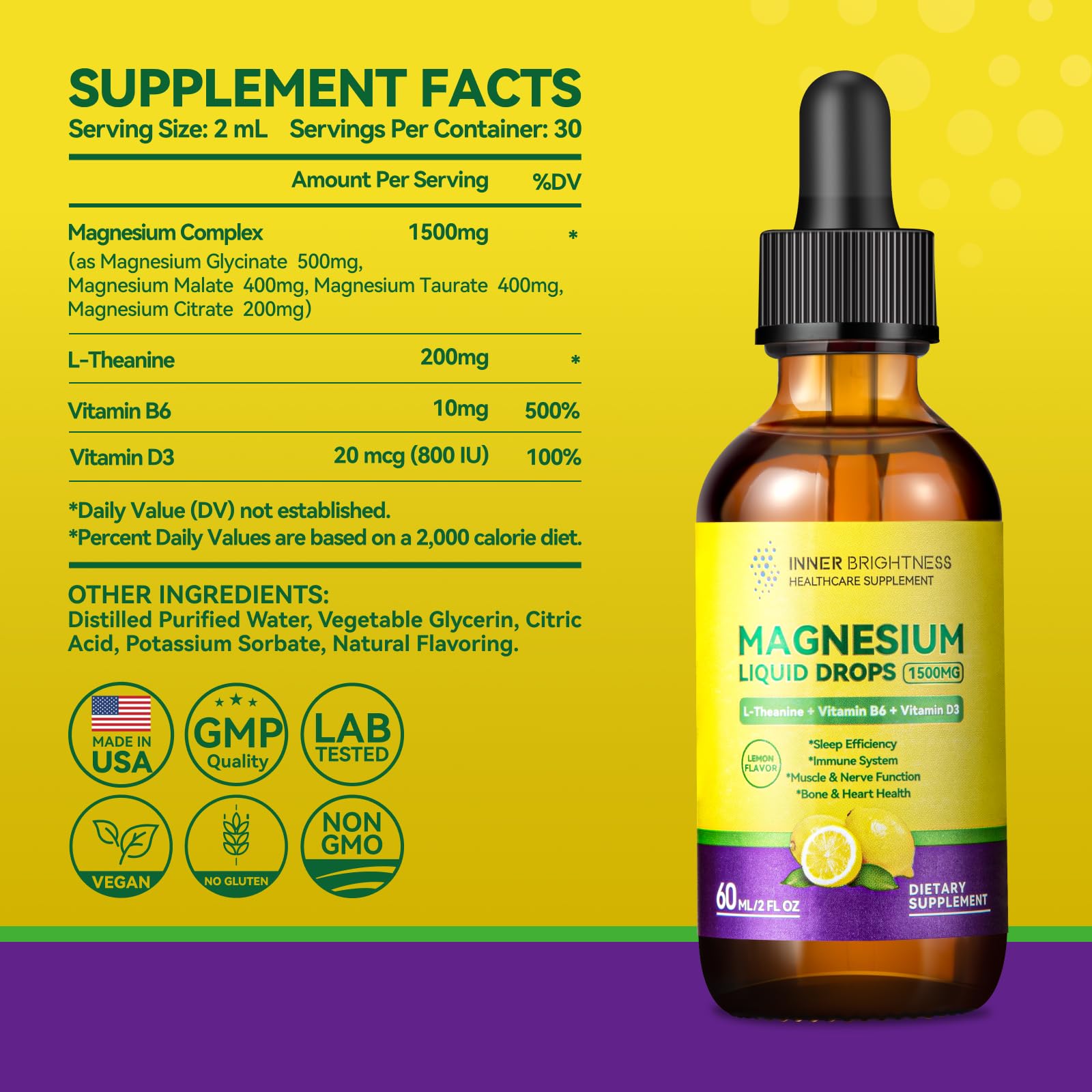 Magnesium Glycinate Liquid Drops 1500mg with Magnesium Citrate & Taurate, L-Theanine, Vitamin D3, B6 - Supports Calm, Sleep, Muscle Relaxation, Leg Cramps & Energy, Lemon Flavor, 60 mL Inner Brightness buy supplements canada