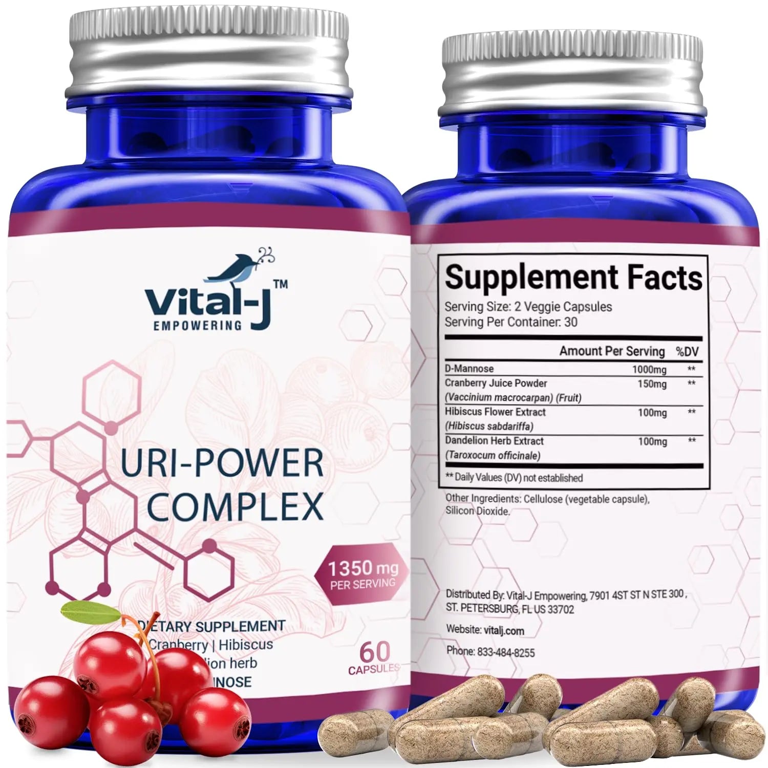 4-IN-1 URI POWER COMPLEX 1350mg - D Mannose, Cranberry, Hibiscus, and Dandelion Herb - Naturally Cleanse the Bladder and Urinary Tract 60 capsules – Specialized Approach for UTI Avoidance Vital-J Empowering buy supplements canada