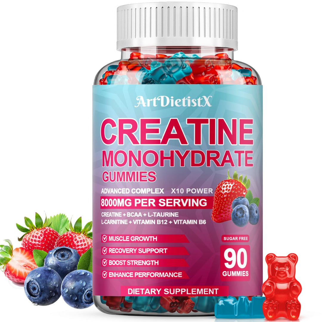 Creatine Monohydrate 8000mg Gummies with BCAA, L-Carnitine, Taurine & Vitamin B12 - Pre Workout Supplement for Muscle Growth, Strength & Energy, Multi-Flavor Chewable Gummies, ArtDietistX buy supplements canada