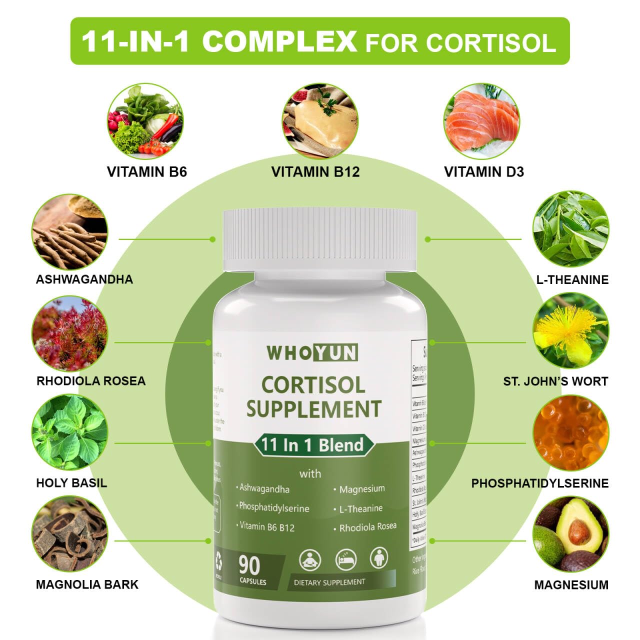 Whoyun Cortisol Supplement for Women, 11 in 1 Lower Cortisol Blend with Ashwagandha, Phosphatidylserine, Magnesium, L-Theanine, Vegan, 90 Capsules Whoyun buy supplements canada
