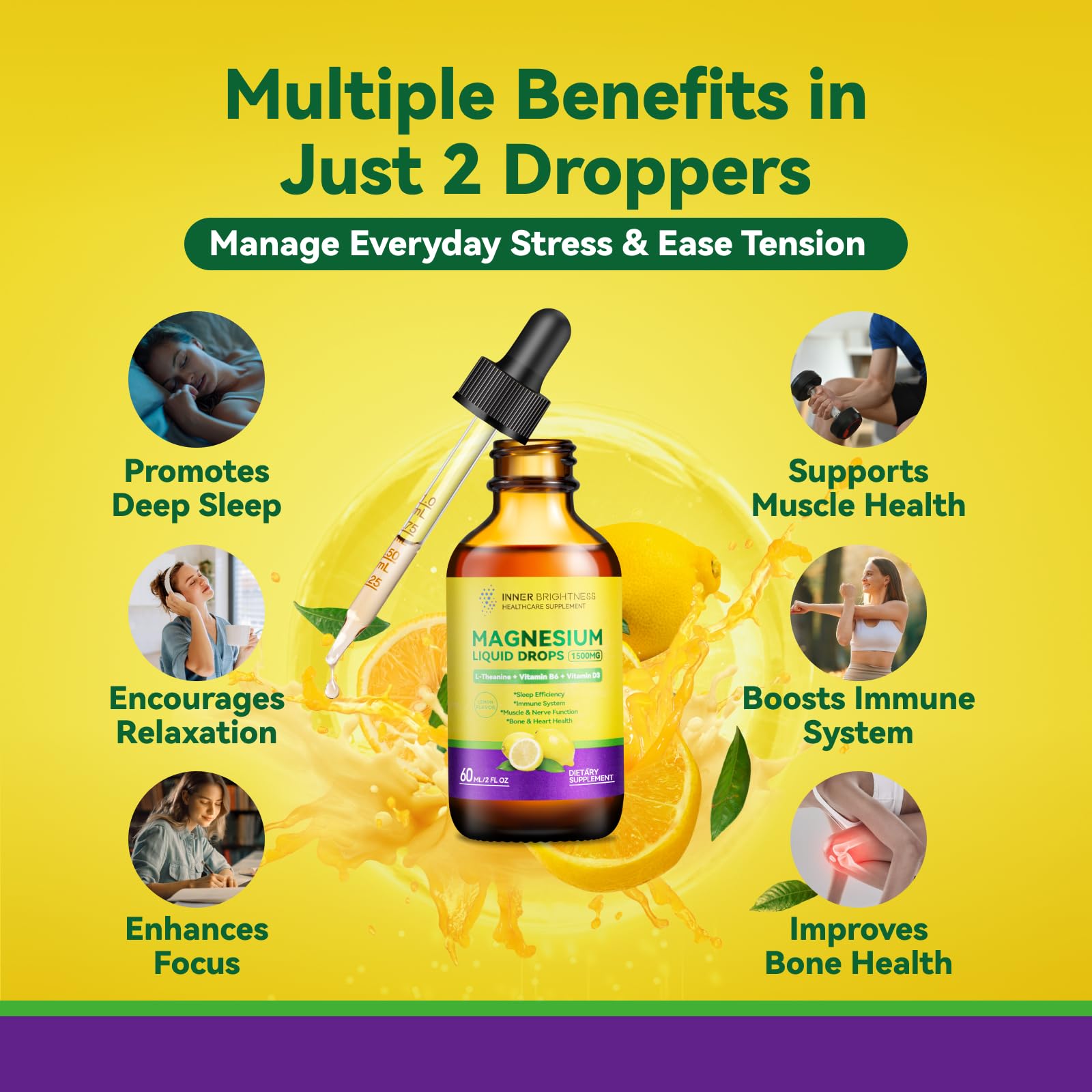 Magnesium Glycinate Liquid Drops 1500mg with Magnesium Citrate & Taurate, L-Theanine, Vitamin D3, B6 - Supports Calm, Sleep, Muscle Relaxation, Leg Cramps & Energy, Lemon Flavor, 60 mL Inner Brightness buy supplements canada