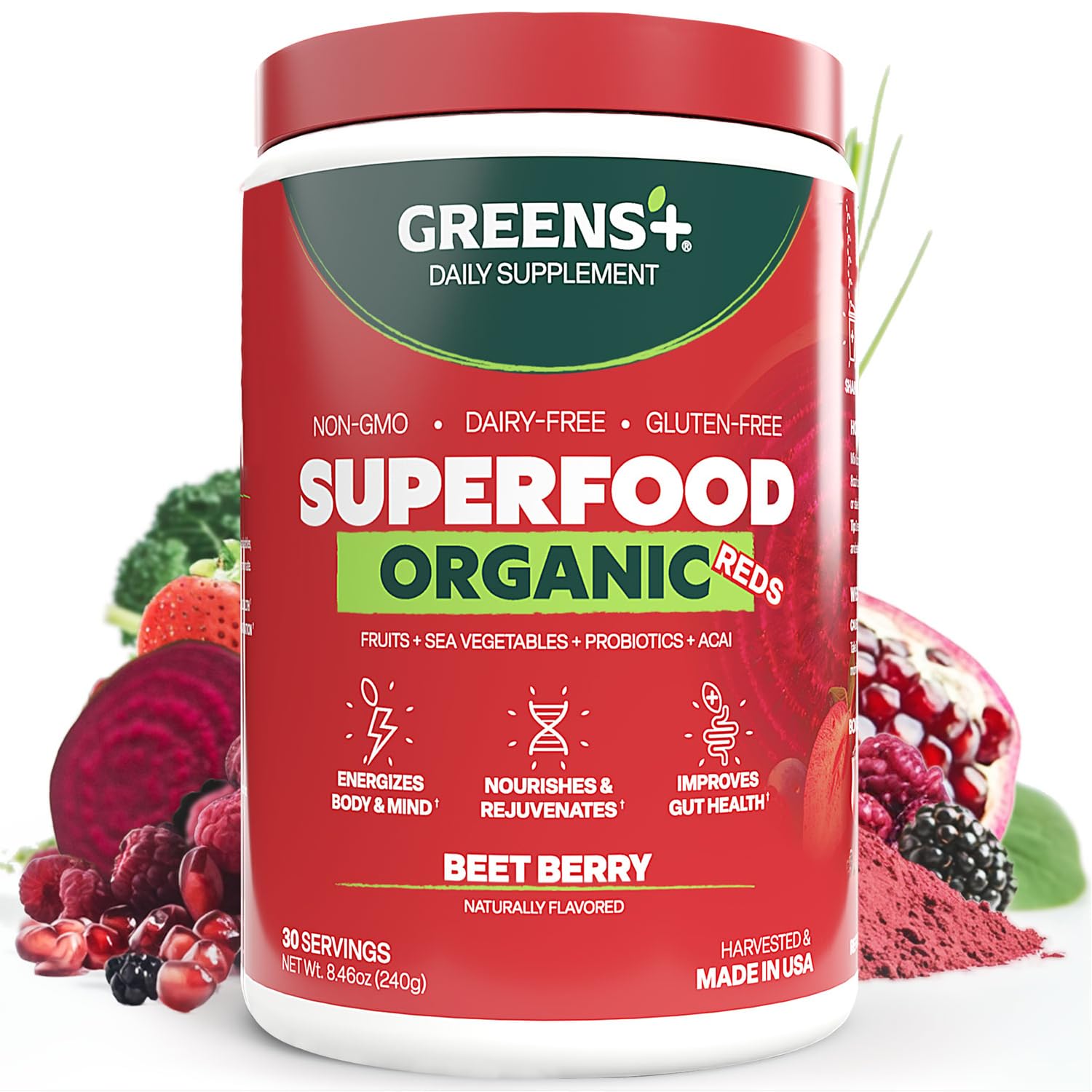 Greens+ Organic Reds Superfood Powder, Antioxidant, Polyphenol, Blend for Morning Kick, Energy, Vitality Boost, Nutrition, Vibrant Health, Vegan Soy/Dairy/Gluten Free(8.46oz) Greens+ buy supplements canada