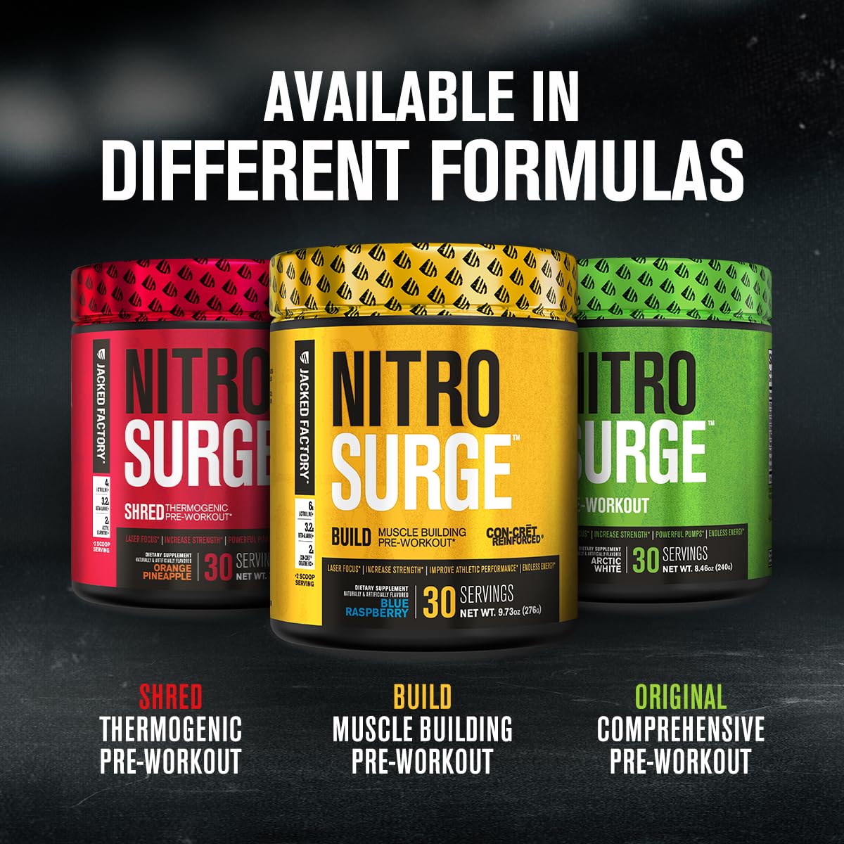 Jacked Factory Nitrosurge Build Pre Workout with Creatine for Muscle Building - Con Cret Creatine Powder & elevATP for Intense Energy, Powerful Pump Jacked Factory buy supplements canada