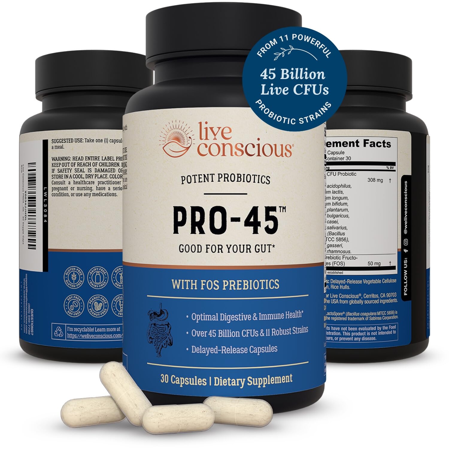 Live Conscious PRO45 Probiotics for Women & Men: Comprehensive Formula, 45 Billion CFU, 11 Strains, Dairy Free - w/Prebiotics and Probiotics Live Conscious buy supplements canada