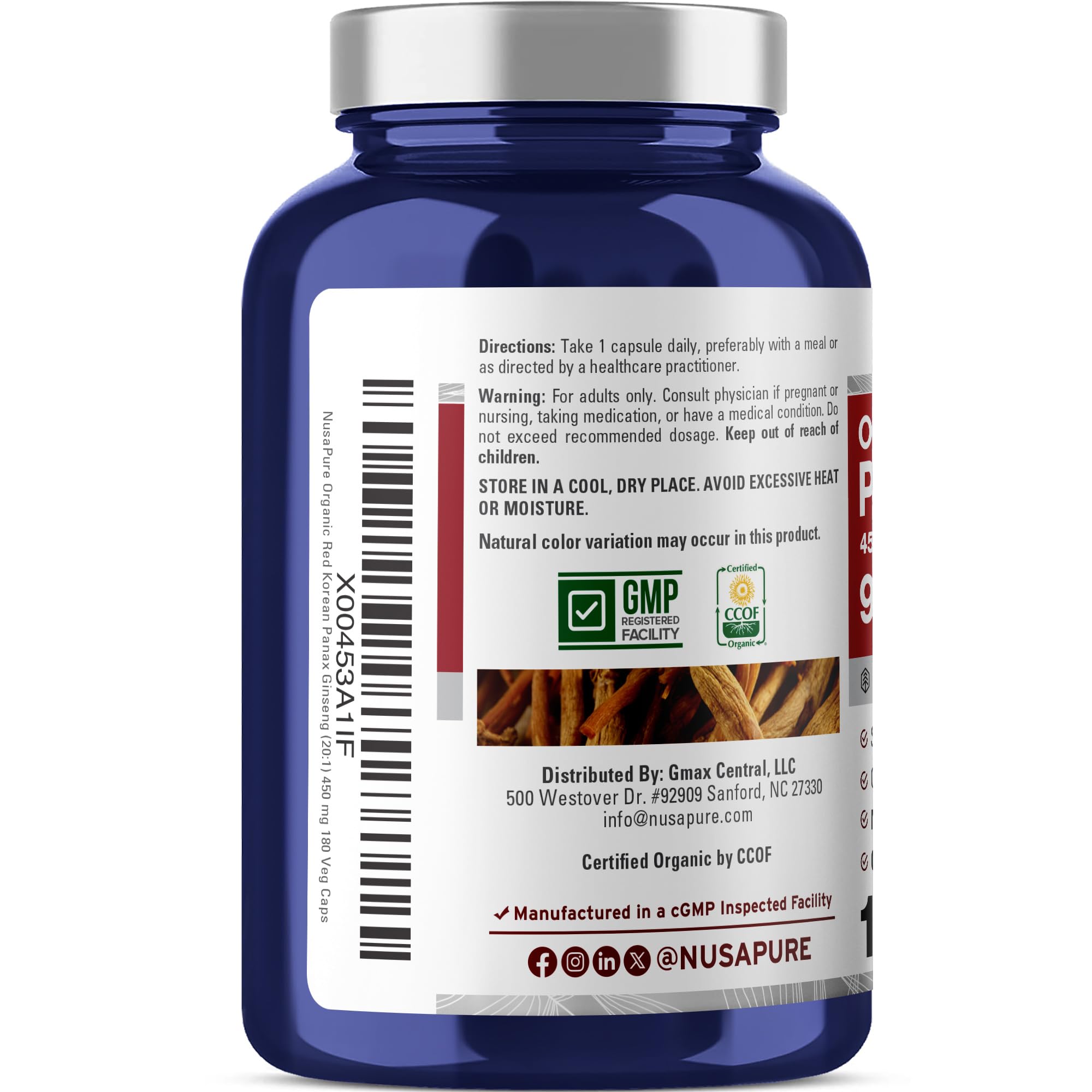 NusaPure Red Korean Panax Ginseng 20:1 Extract, 450 mg Equivalent to 9,000 mg 180 Veggie Caps (USDA Organic, Non-GMO, Vegan, Vegetarian, Bioperine) NusaPure buy supplements canada