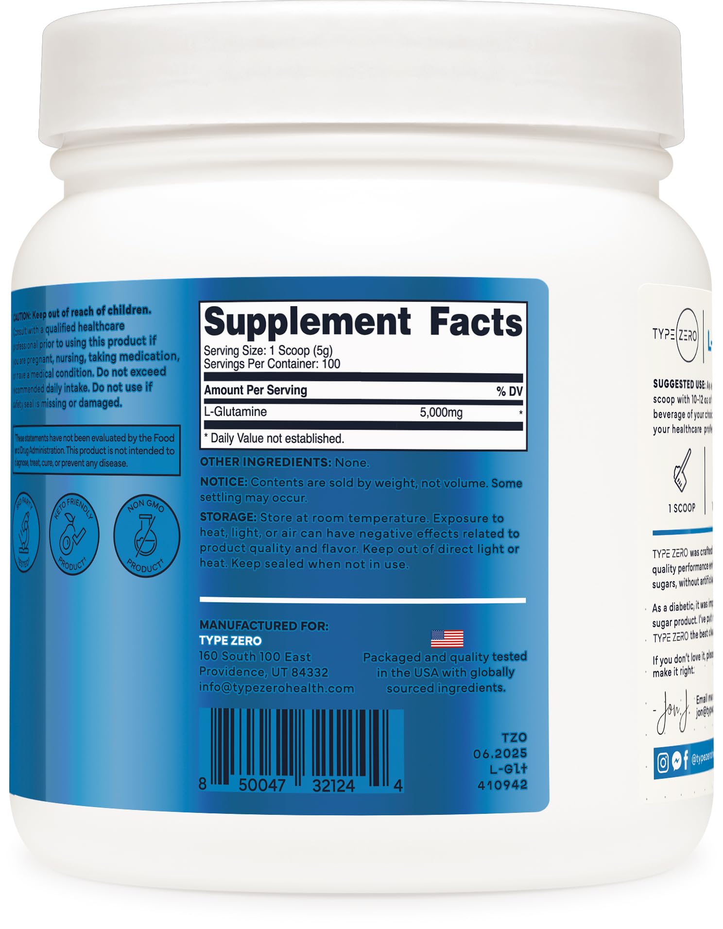 Type Zero L-Glutamine Powder (500G) 3-Month Supply Pure L-Glutamine Supplement - Vegan, Gluten Free, No Fillers Type Zero buy supplements canada