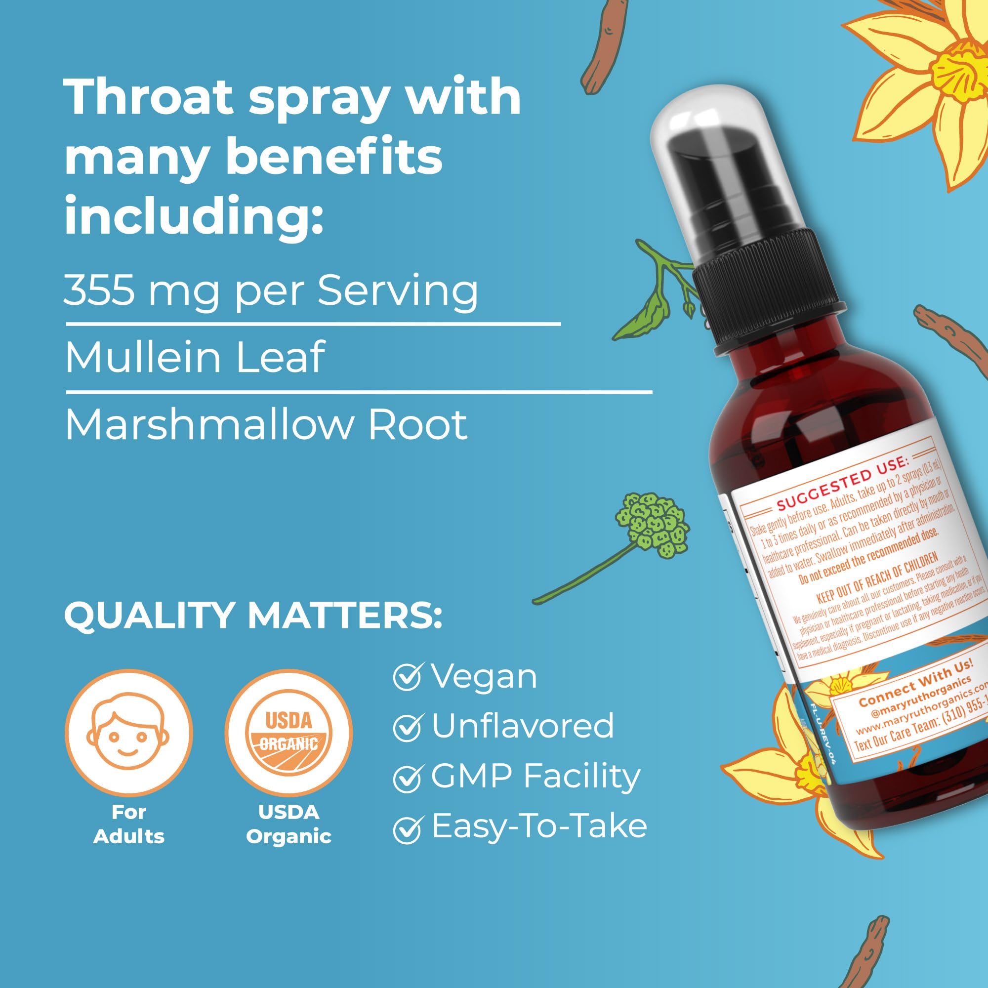 MaryRuth Organics USDA Organic Throat Spray with Mullein Leaf | Marshmallow Root & Licorice Root & Thyme Leaf | Vanilla | 4 Herbal Blend | Non-GMO | Vegan | Gluten Free | 1 Fl Oz | Up to 100 Servings MARYRUTH'S buy supplements canada