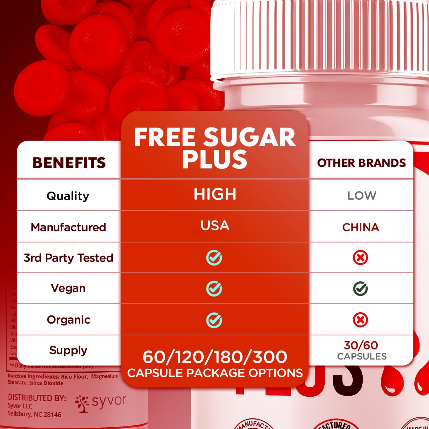 Free Sugar Plus Capsules, Official FreeSugar Plus Blood Health Support Pills With All Natural Ingredients, Free Sugar Plus Advanced Wellness Support with Premium Vitamins for Women & Men (60 Capsules) Syvor buy supplements canada