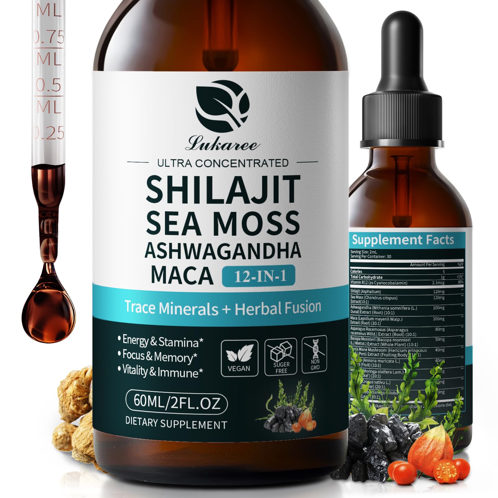 Shilajit Liquid Drops, 12-in-1 Complex - Sea Moss, Ashwagandha, Maca, Fulvic Acid, Trace Minerals, Liquid Vitamins Supplement for Men and Women, Energy, Antioxidant, Immune Support, 60ML/2 FL Oz Lukaree buy supplements canada