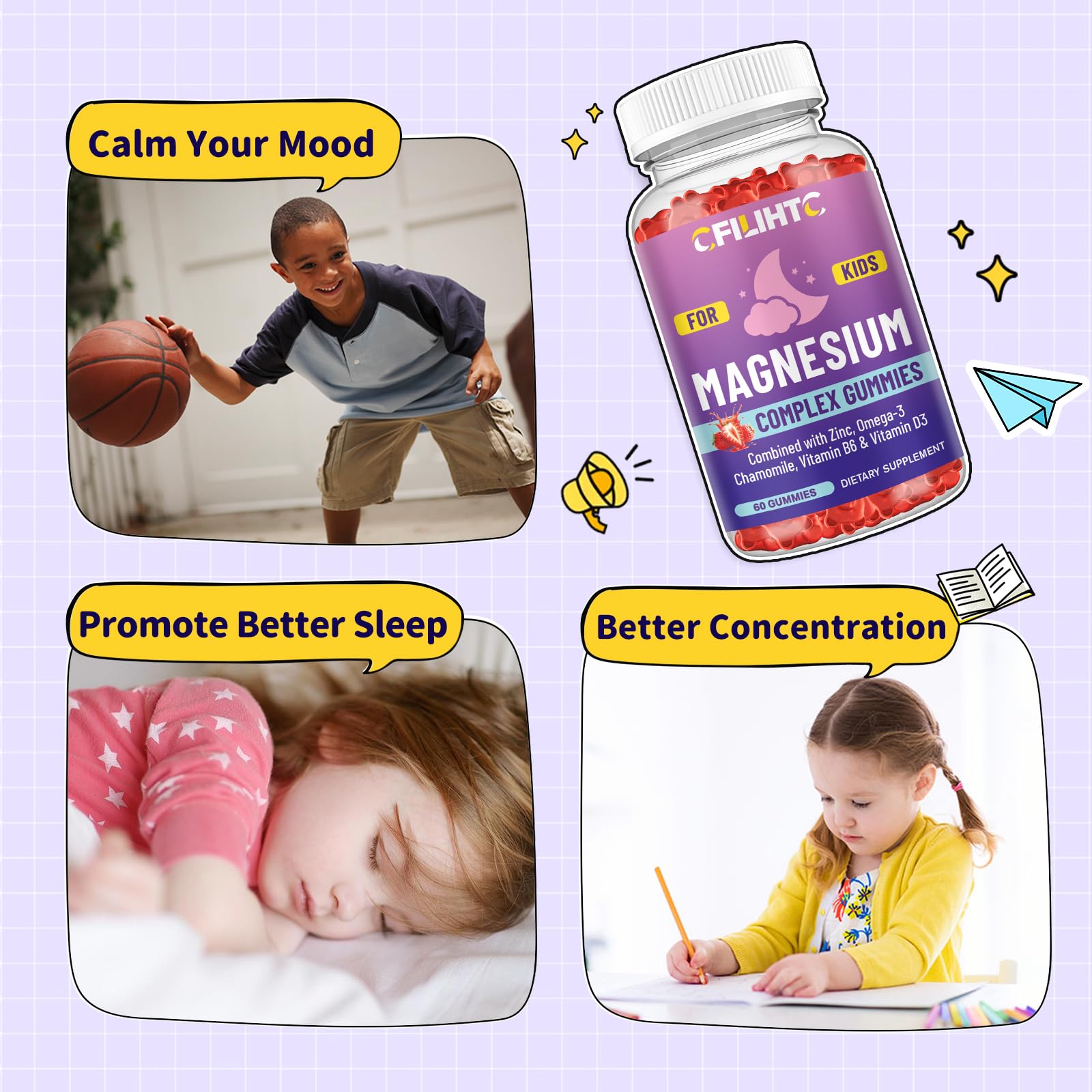 Kids Magnesium Gummies-Magnesium Glycinate Gummies for Kids Supplement-w/Zinc, Chamomile, Omega-3, Vitamin B6, D3 - for Sleep, Relaxation, Brain, Bones, Children's Calm, Sugar Free Strawberry 60ct CFILIHTC buy supplements canada