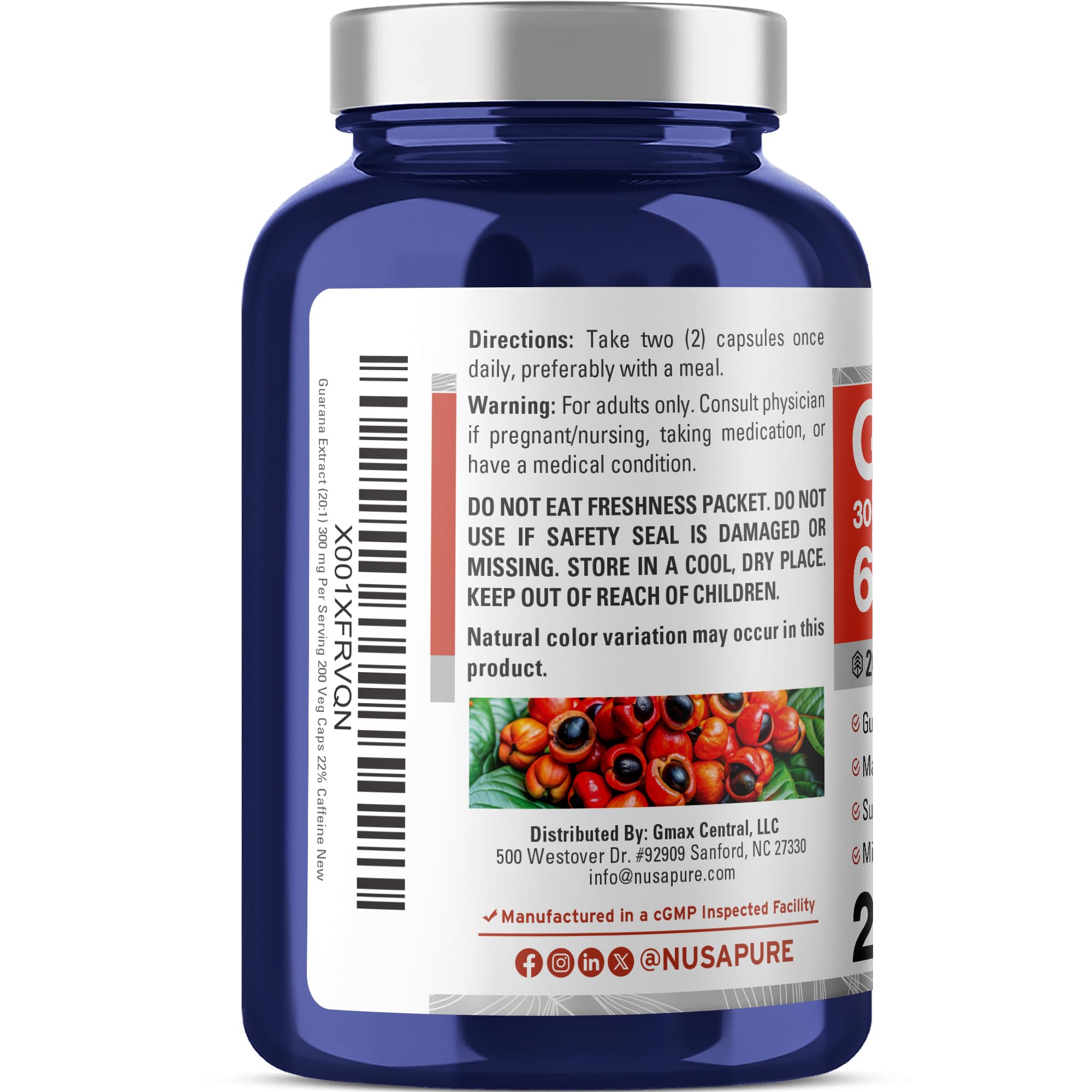 NusaPure Guarana Extract 20:1 Extract, 300 mg Equivalent to 6,000 mg per Veggie Caps 200 Count (Non-GMO, Vegan) NusaPure buy supplements canada