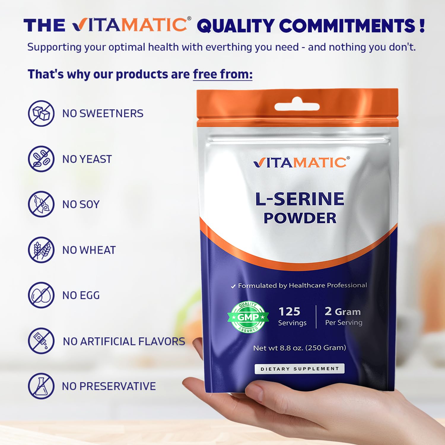 Vitamatic L-Serine Pure Powder 250 Gram | 2000 mg per Serving | 125 Servings | Unflavored | No Additives | Free of Soy, Eggs, Fish & Artificial Ingredients Vitamatic buy supplements canada