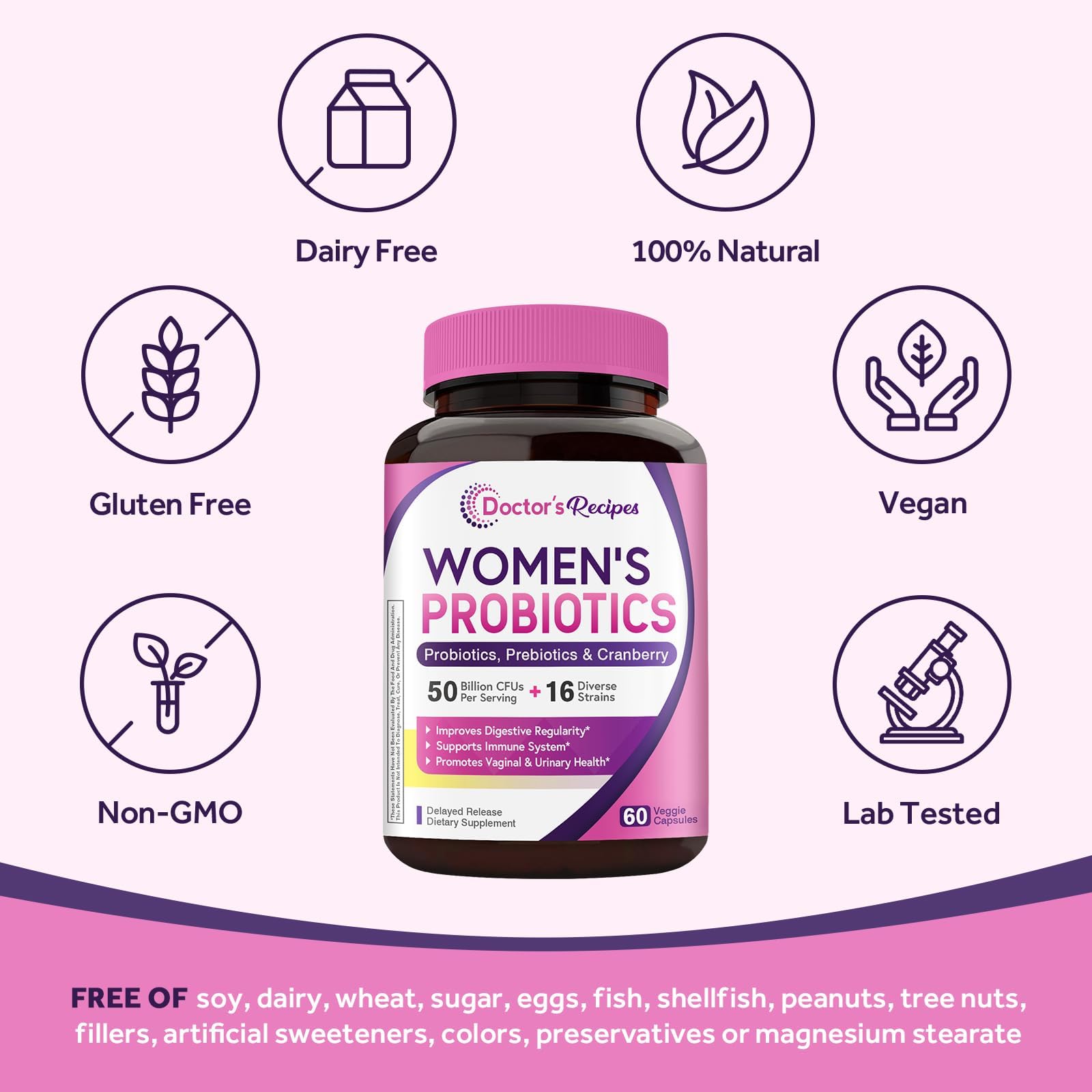 Doctor's Recipes Women's Probiotic, 60 Caps 50 Billion CFU 16 Strains, with Organic Cranberry, Digestive Immune Vaginal & Urinary Health, Shelf Stable Doctor's Recipes buy supplements canada