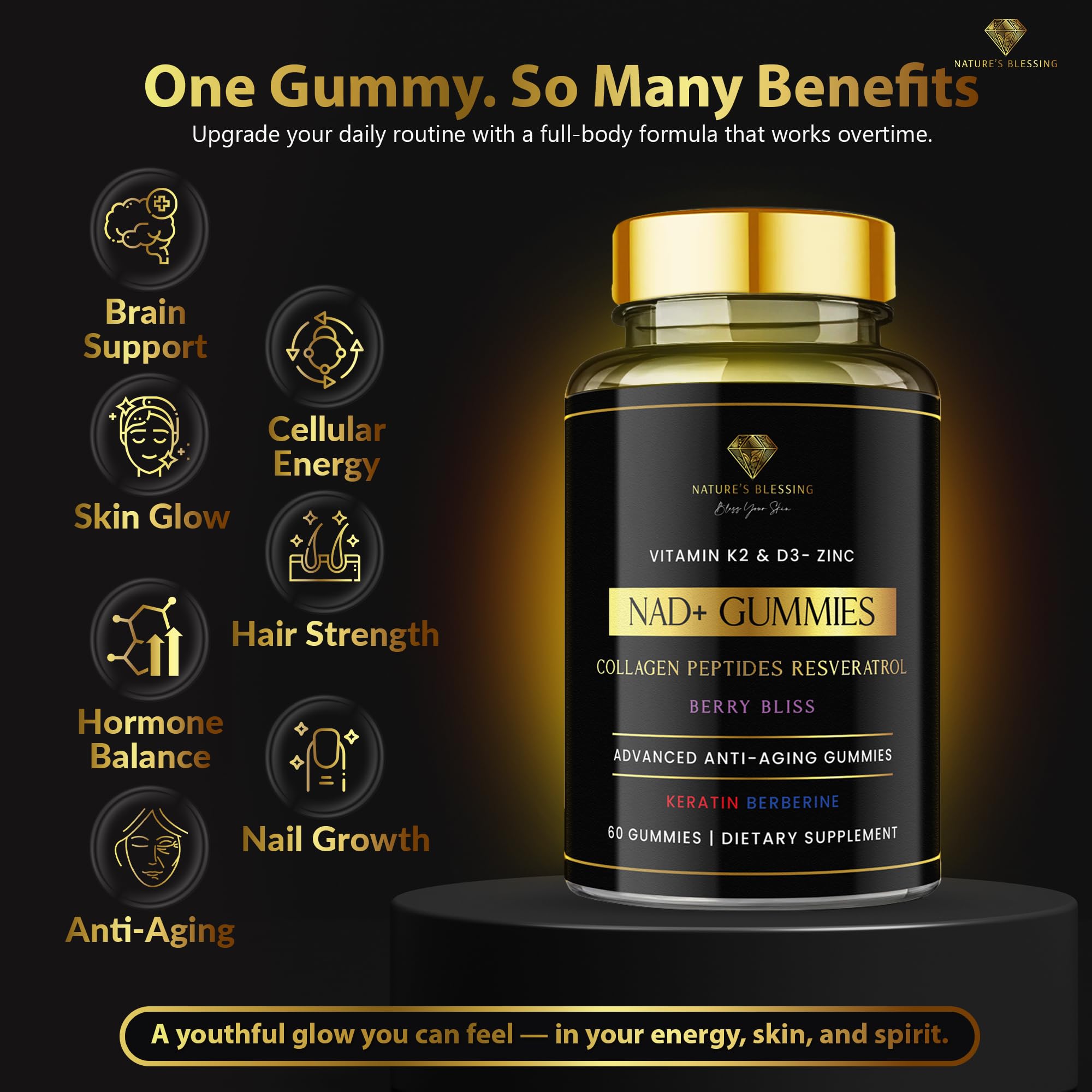Nature's Blessing NAD+ Anti-Aging Gummies – Boost Cellular Repair, Brain Clarity & Radiant Skin – with Biotin, Collagen, Resveratrol, Vitamin D3, K2, Zinc & Keratin – Delicious Berry Bliss Nature's Blessing buy supplements canada