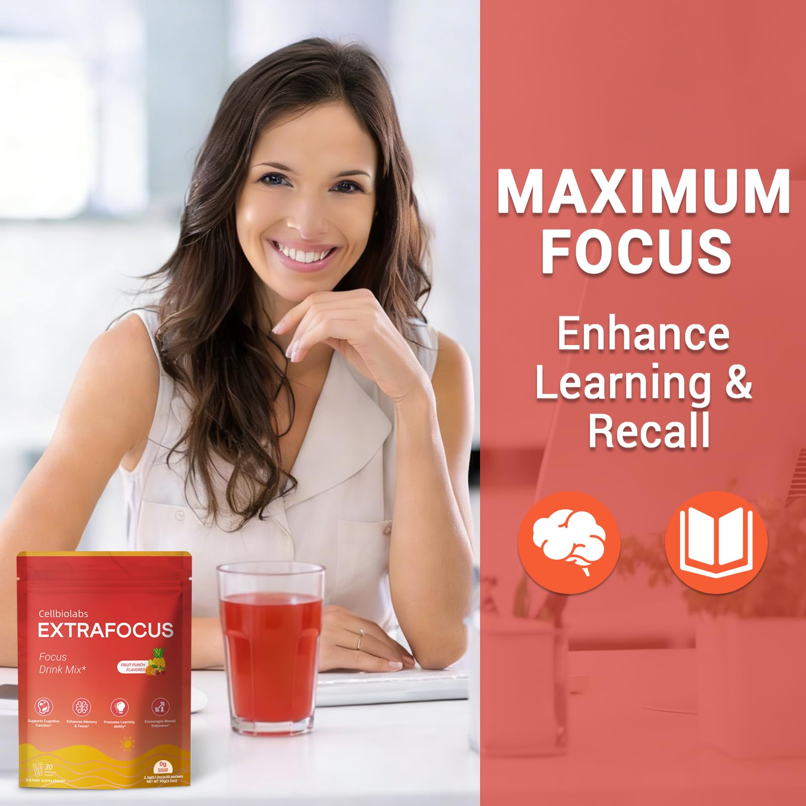Nootropic Extra Focus Drink Mix, 30 Packs On-The-Go Sticks, Featuring Alpha-GPC, Lion's Mane & Rhodiola, Sugar-Free Packets Fruit Punch Clean Drink Mix Cellbiolabs buy supplements canada