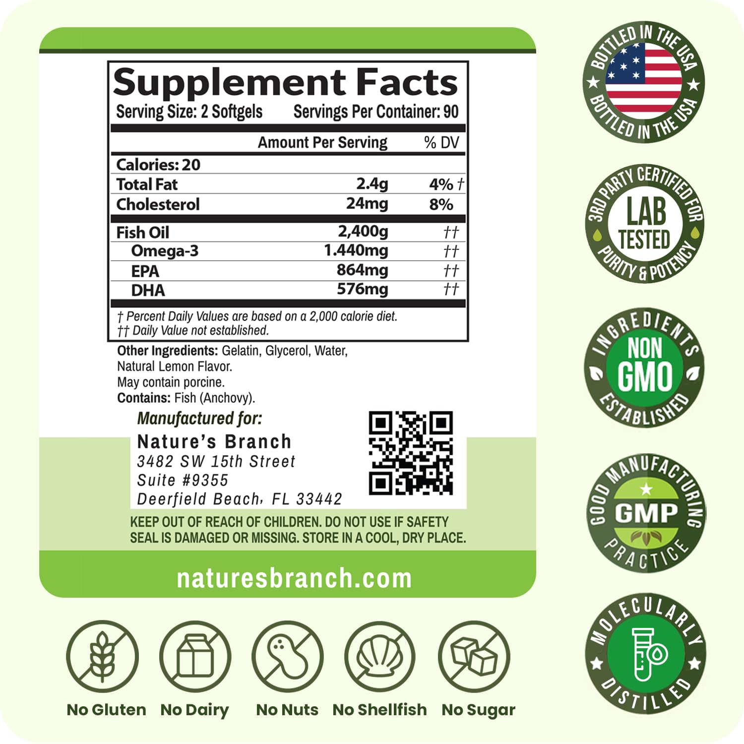 Triple Strength Omega 3 Fish Oil Supplements 2400mg | 180 Capsules, Burpless High Potency Lemon Flavor, High EPA DHA for Men & Women Ultra Pure Softgels NATURE'S BRANCH buy supplements canada