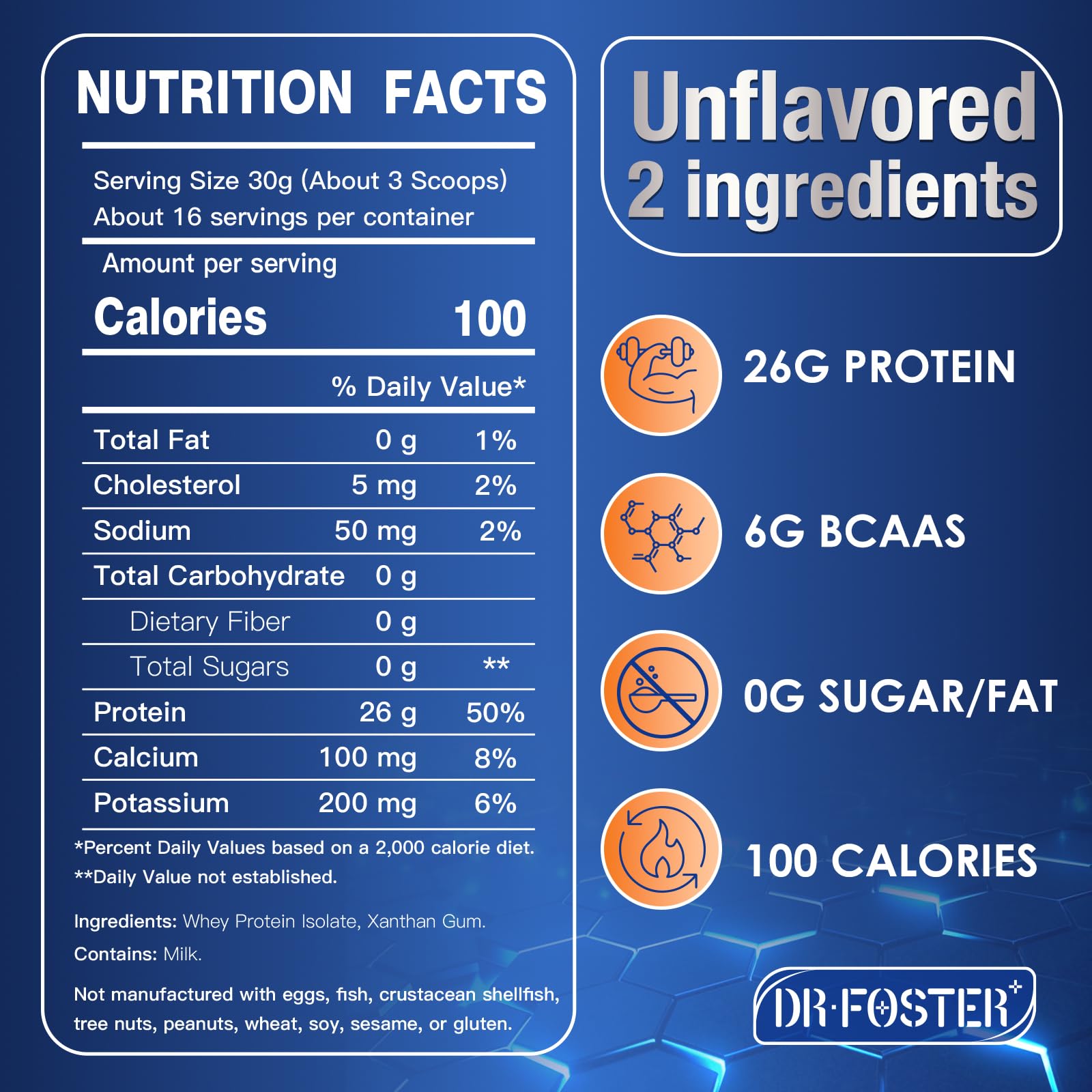 DRFOSTER Whey Protein Powder Isolate - Unflavored, Grass-Fed, 26g Protein & 6g BCAAs for Muscle Growth & Recovery DRFOSTER buy supplements canada