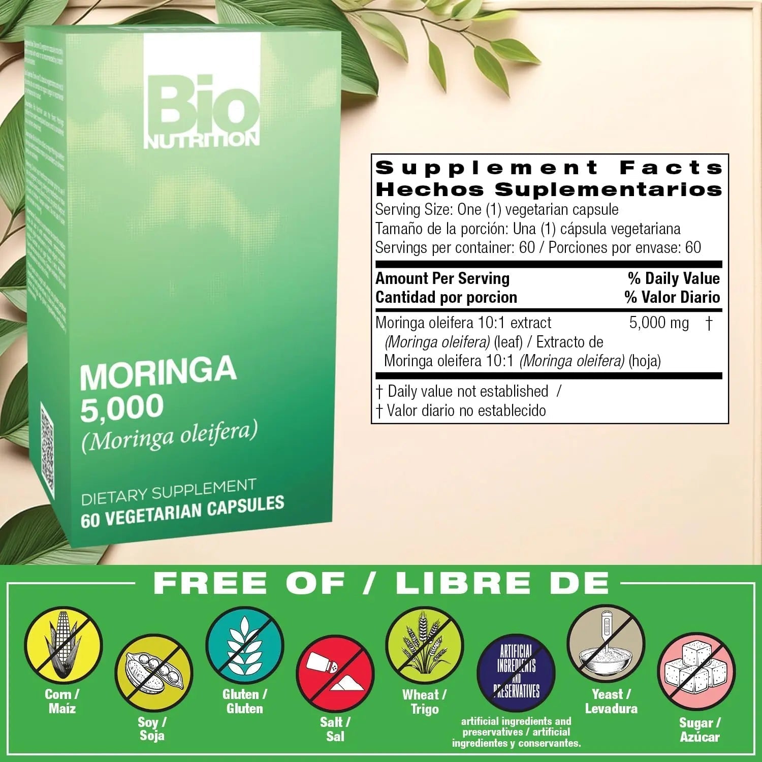 Bio Nutrition Moringa 5000mg 60 Vegetarian Capsules | Complete Green Superfood | Nature's Multivitamin | Energy and Gut Health Bio Nutrition buy supplements canada