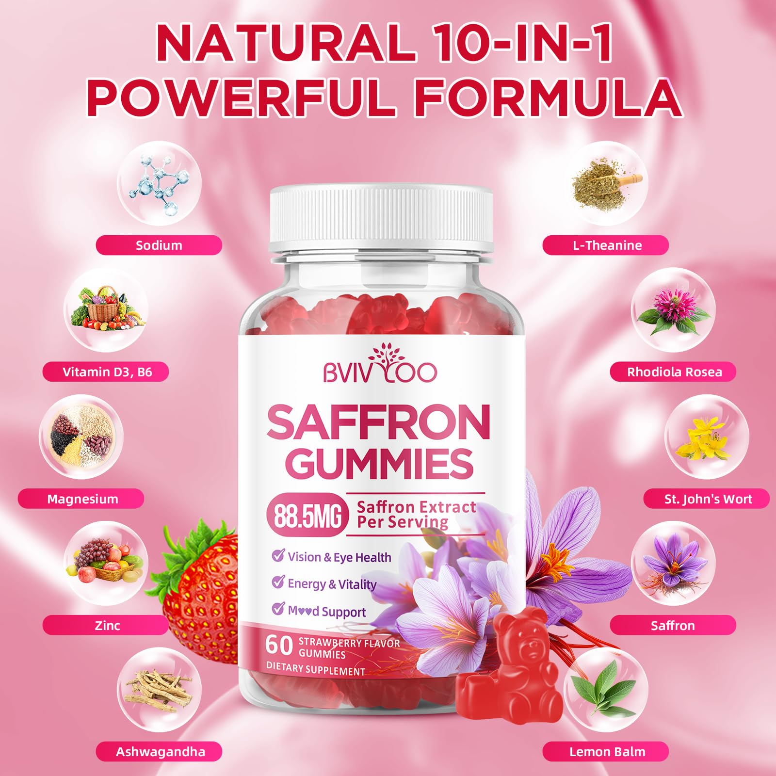 Saffron Gummies for Adult Kids, 10-IN-1 Formula with Saffron 88.5mg, Vitamins D3 & B6, Magnesium, Zinc, Ashwagandha, L-Theanine, St. John's Wort - Supports Mood & Focus, Strawberry Flavor, 60 Count BVIVLOO buy supplements canada