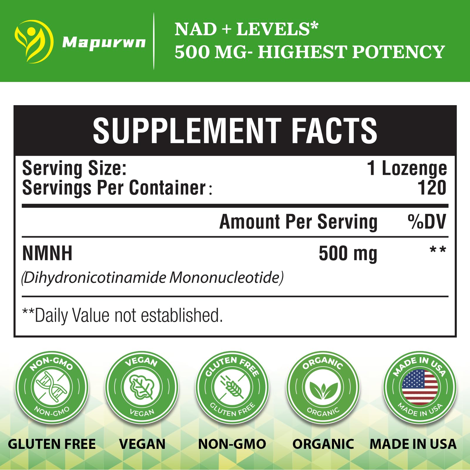 Mapurwn NMNH (Dihydronicotinamide Mononucleotide), NMN Supplement, 500mg per Serving NAD Supplement to Boost NAD+ Levels As We Age for Women & Men, Anti-Aging, Energy, Focus, 120 Count Mapurwn buy supplements canada