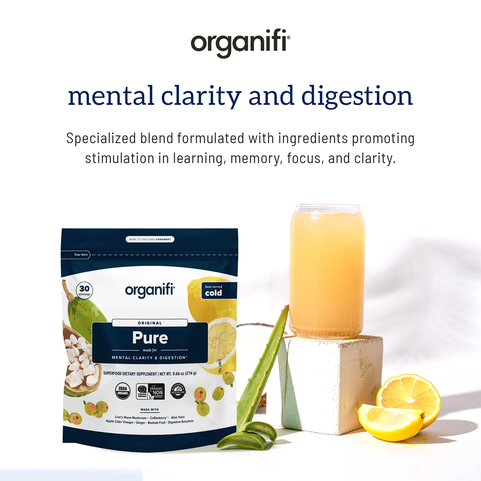 Organifi Pure - Promotes Stimulation in Learning, Memory, Focus, and Clarity - Brain Support with Superfoods - Gluten-Free and Non GMO - Best Served Cold, 30 Servings Organifi buy supplements canada