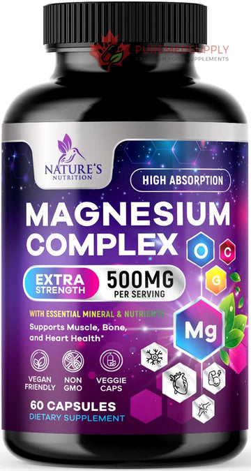 Magnesium Complex Supplement - Magnesium 500 mg Per Serving - 4 in 1 High Absorption Blend - 100% Chelated Magnesium Glycinate with Malate, Citrate & Oxide - Vegan Complex - USA Bottled - 60 Capsules Nature's Nutrition buy supplements canada