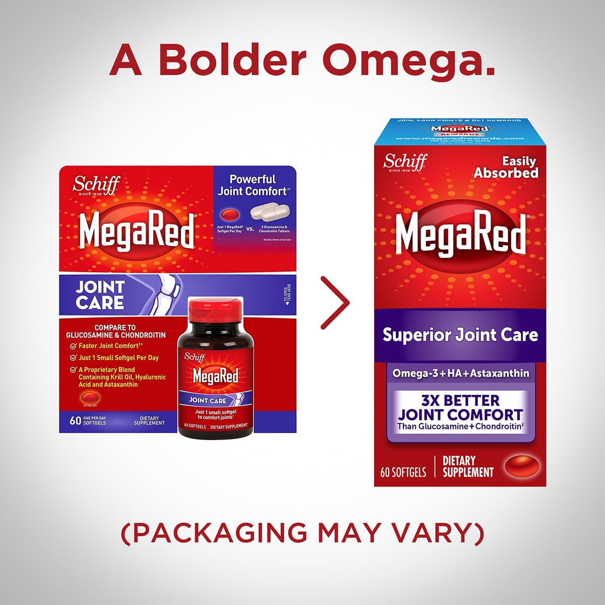 Omega-3 Krill Oil and Joint Supplement - Megared Joint Care 60 softgels - EPA/DHA fatty acids, Antioxidants, Hyaluronic acid, No fishy burp aftertaste as with Fish Oil MegaRed buy supplements canada