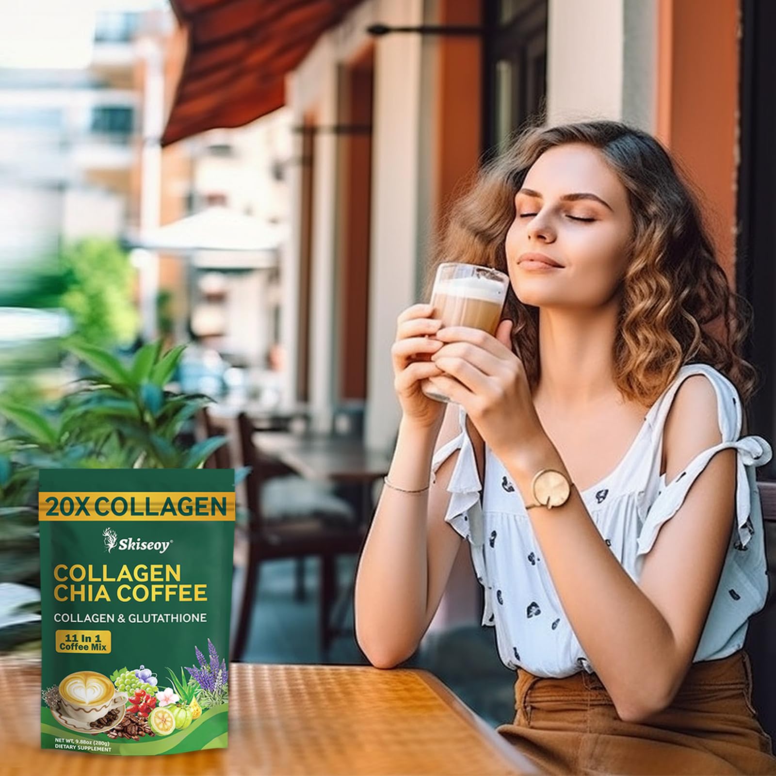 Skiseoy 20x Collagen Chia Coffee - 11-in-1 Coffee Shape Mix with L-Glutathione for Skin, Hair, Joints - Boost Energy and Focus, Vegan Friendly, 45 Servings Skiseoy buy supplements canada