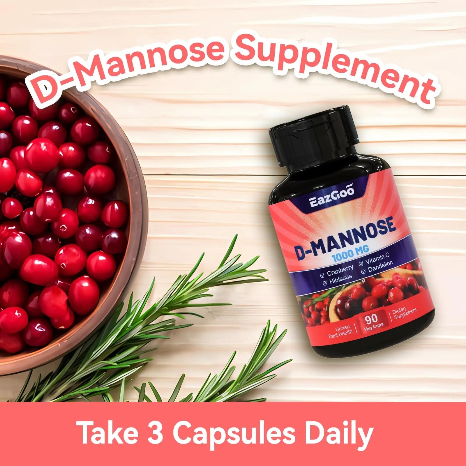 EAZGOO D-Mannose Supplement – 1000mg Capsules with Cranberry, Vitamin C, Hibiscus & Dandelion Extract, Support Urinary Health, D Mannose & Cranberry Capsules, 90 Count(Pack of 2) EAZGOO buy supplements canada