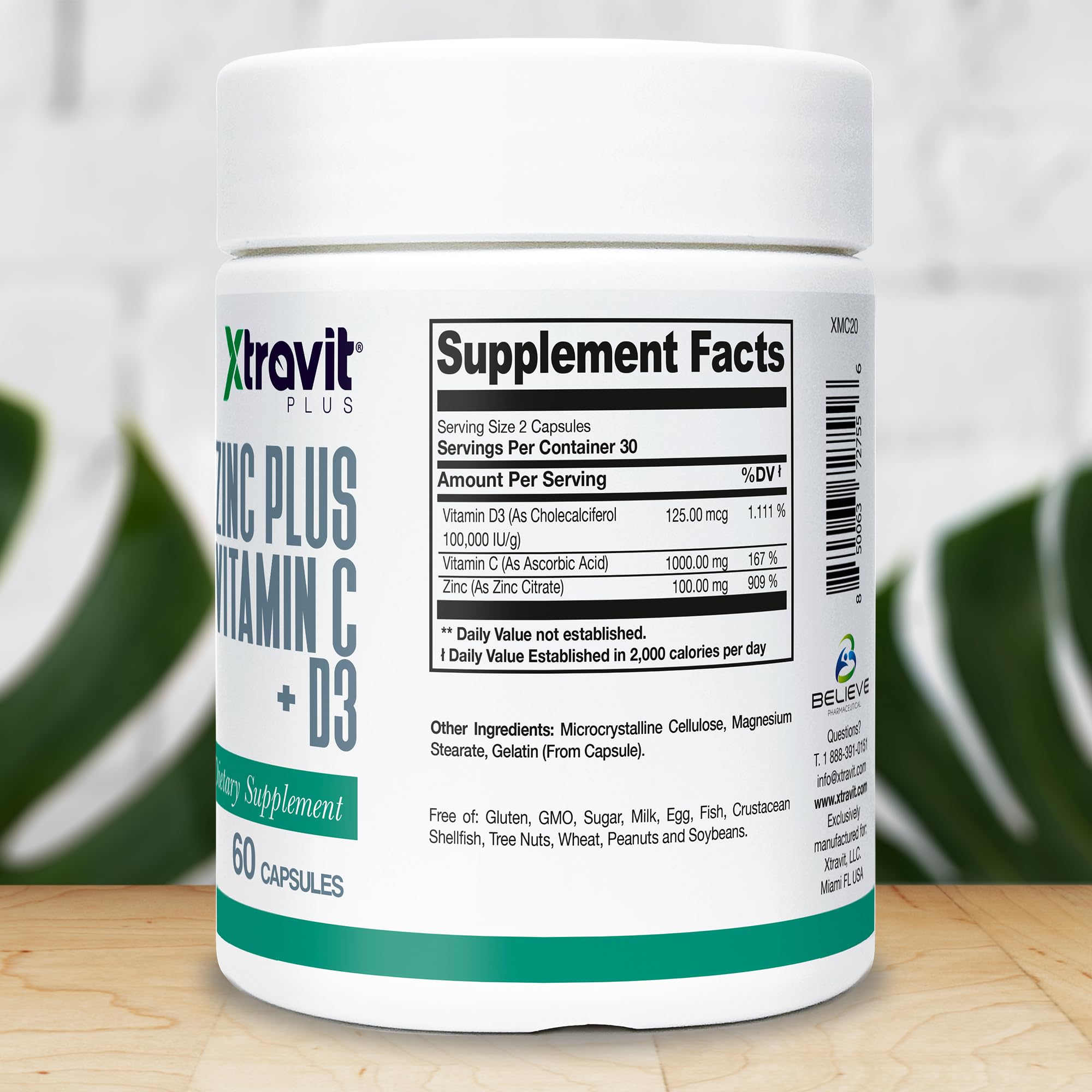 Xtravit Zinc Plus Vitamin C + D3 Supplement – Natural Immune Defense Supplements for Men & Women - May Support Skin, Energy, Bones, & Overall Wellness - Non-GMO, Gluten-Free, No Fillers, 60 Capsules Xtravit buy supplements canada