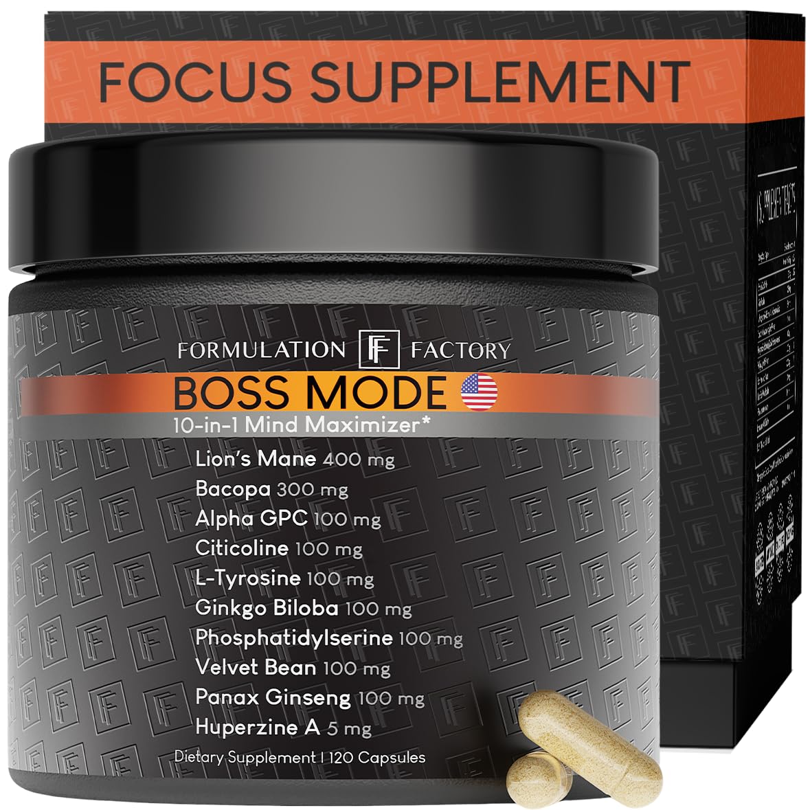 Formulation Factory Nootropic Brain Supplement - Boss Mode Focus & Memory Complex with Lion's Mane, Alpha GPC & Bacopa - Cognitive Support - 120 Capsules, 2 Month Supply Formulation Factory buy supplements canada