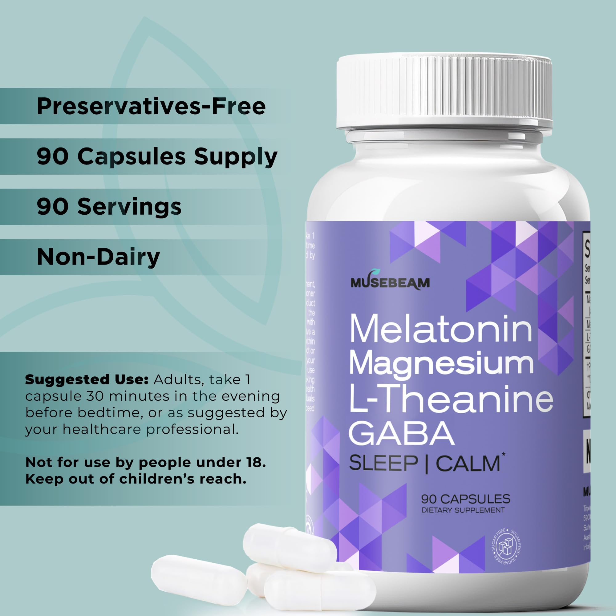 MuseBeam Magnesium Glycinate 275mg Melatonin 5mg L-Theanine 200mg GABA 100mg Capsules - Full Rest Nighttime Bedtime Support Supplement for Men Women - Vegan Sugar-Free Gluten-Free musebeam buy supplements canada