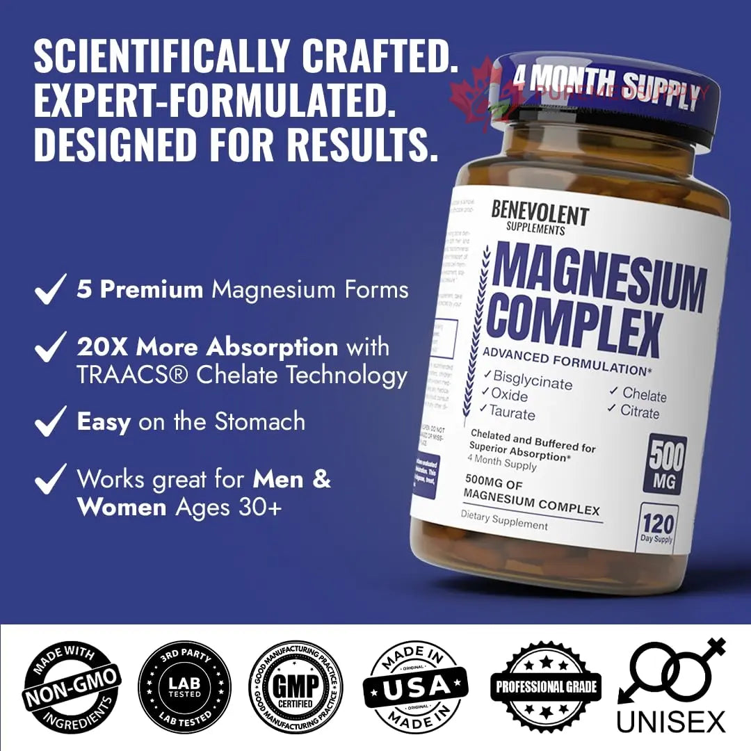 Magnesium Complex Supplement, 4 Month Supply of 500mg 5-in-1 Bisglycinate, Oxide, Taurate, Aspartate, Citrate, Max Absorption Magnesium Supplement for Calm, Sleep & Leg Cramps, 120 Capsule Benevolent Nourishment buy supplements canada