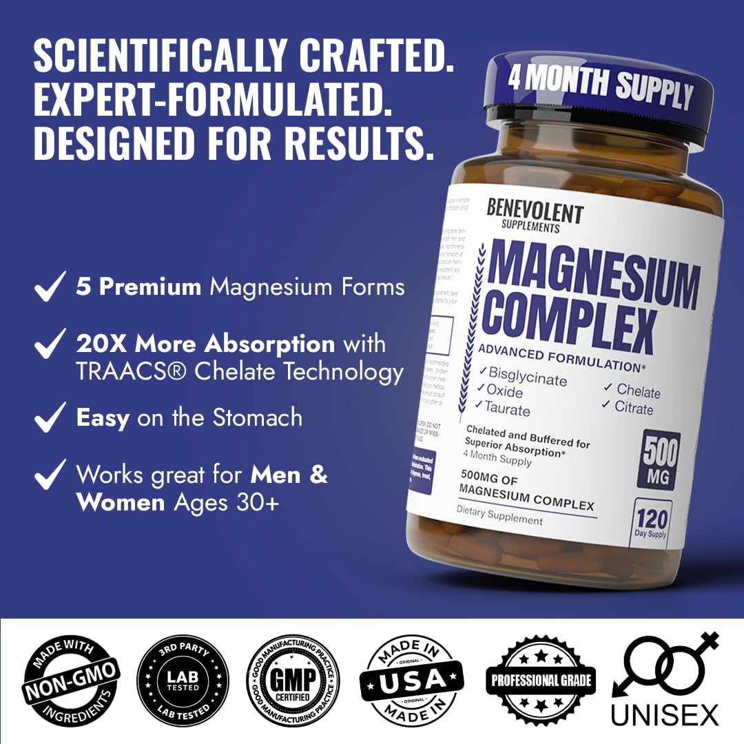Premium Magnesium Capsules 500mg, High Absorption Formula Chelated Buffered Citrate to Support Digestion, Bone, Sleep & Muscle Health