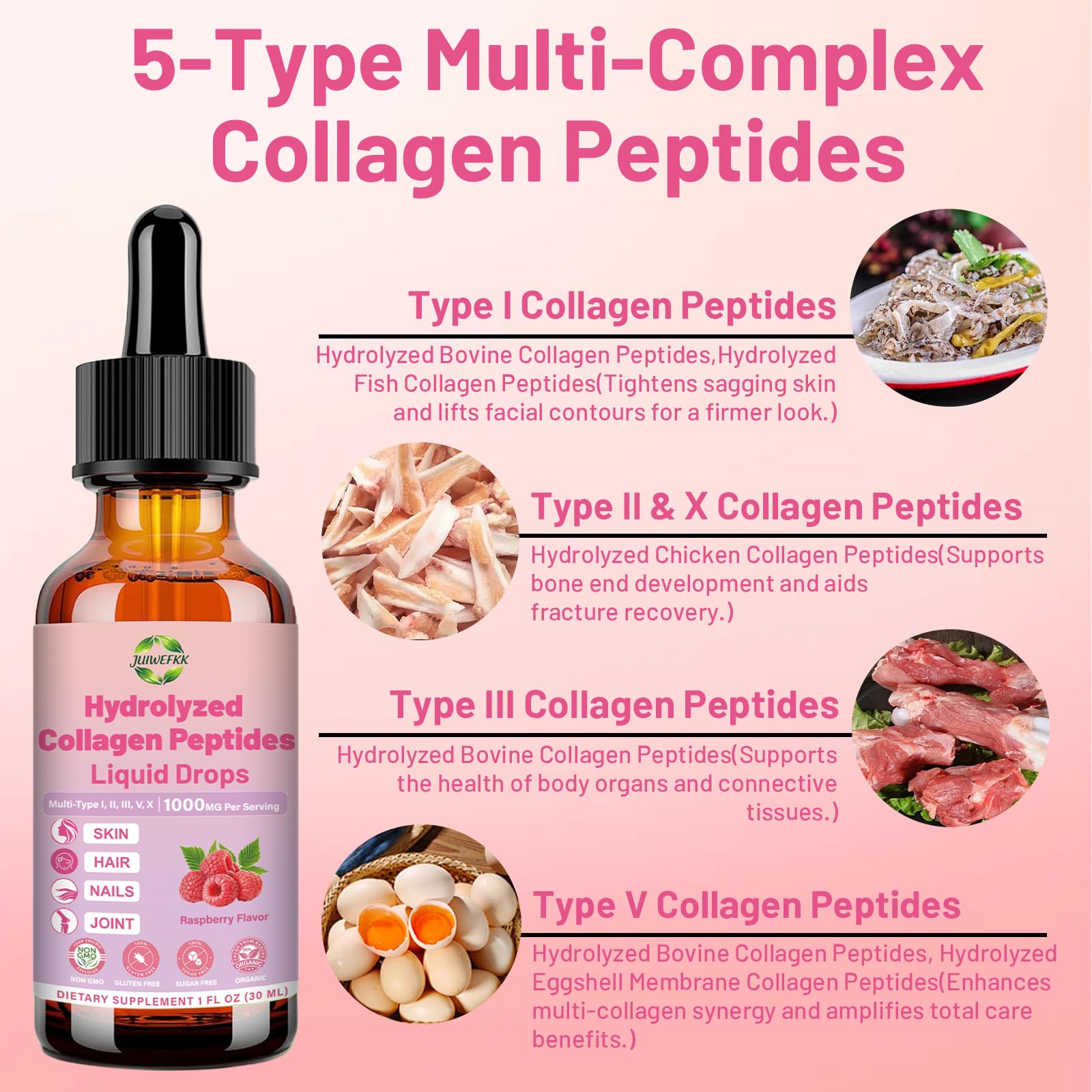 JUIWEFKK Hydrolyzed Collagen Peptides Liquid Organic Collagen Complex w. Biotin, Vitamin C & Hyaluronic Acid, Liquid Collagen Types I, II, III, IV, V for Hair, Skin, Nails & Joint Healthd JUIWEFKK buy supplements canada