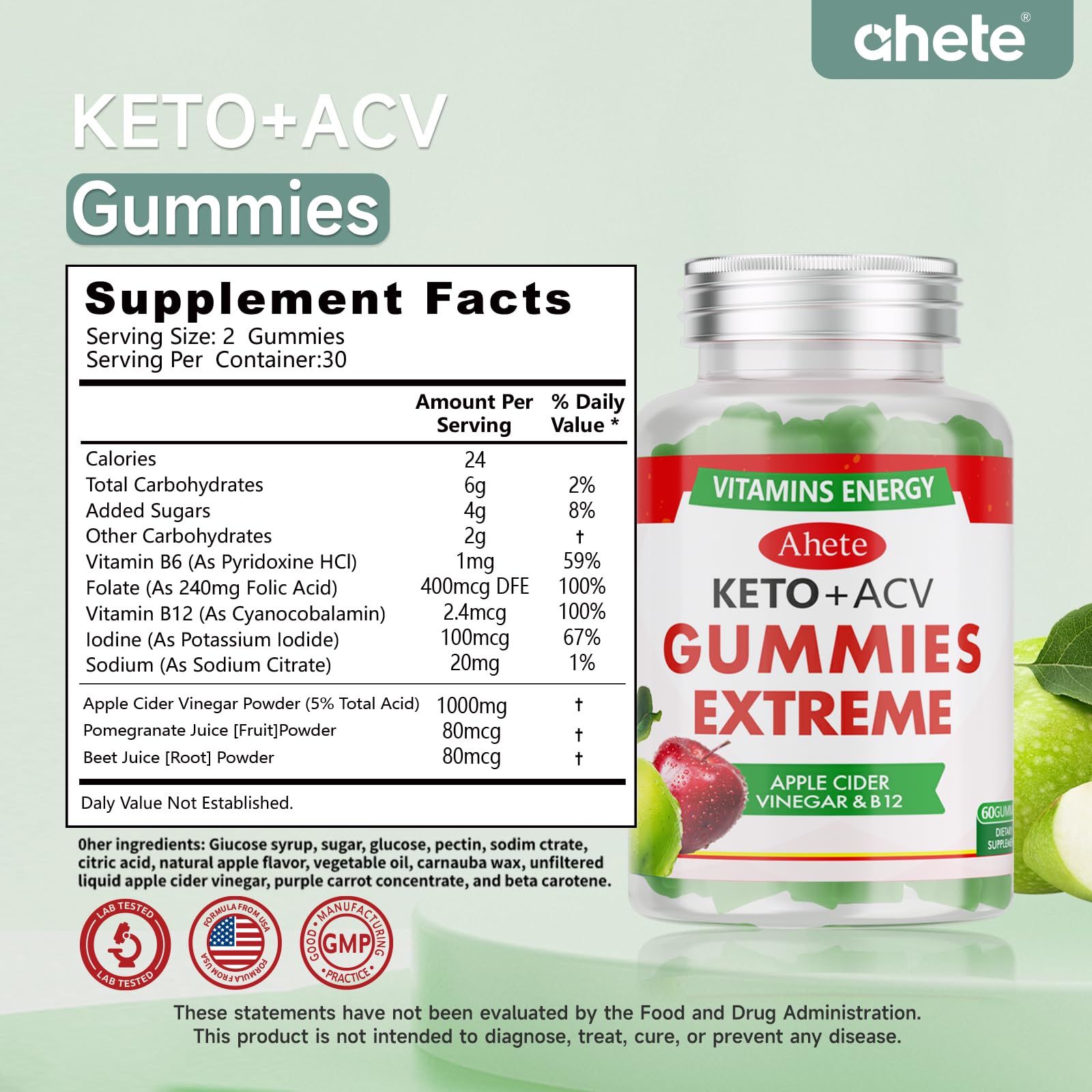 Ahete Keto Apple Cider Vinegar Gummies with Vitamin B6, B12, Folate & Beet Root, Keto ACV Gummies Supports Daily Wellness & Metabolism, Natural Apple Flavor, 60 Gummies (30 Day Supply) Ahete buy supplements canada