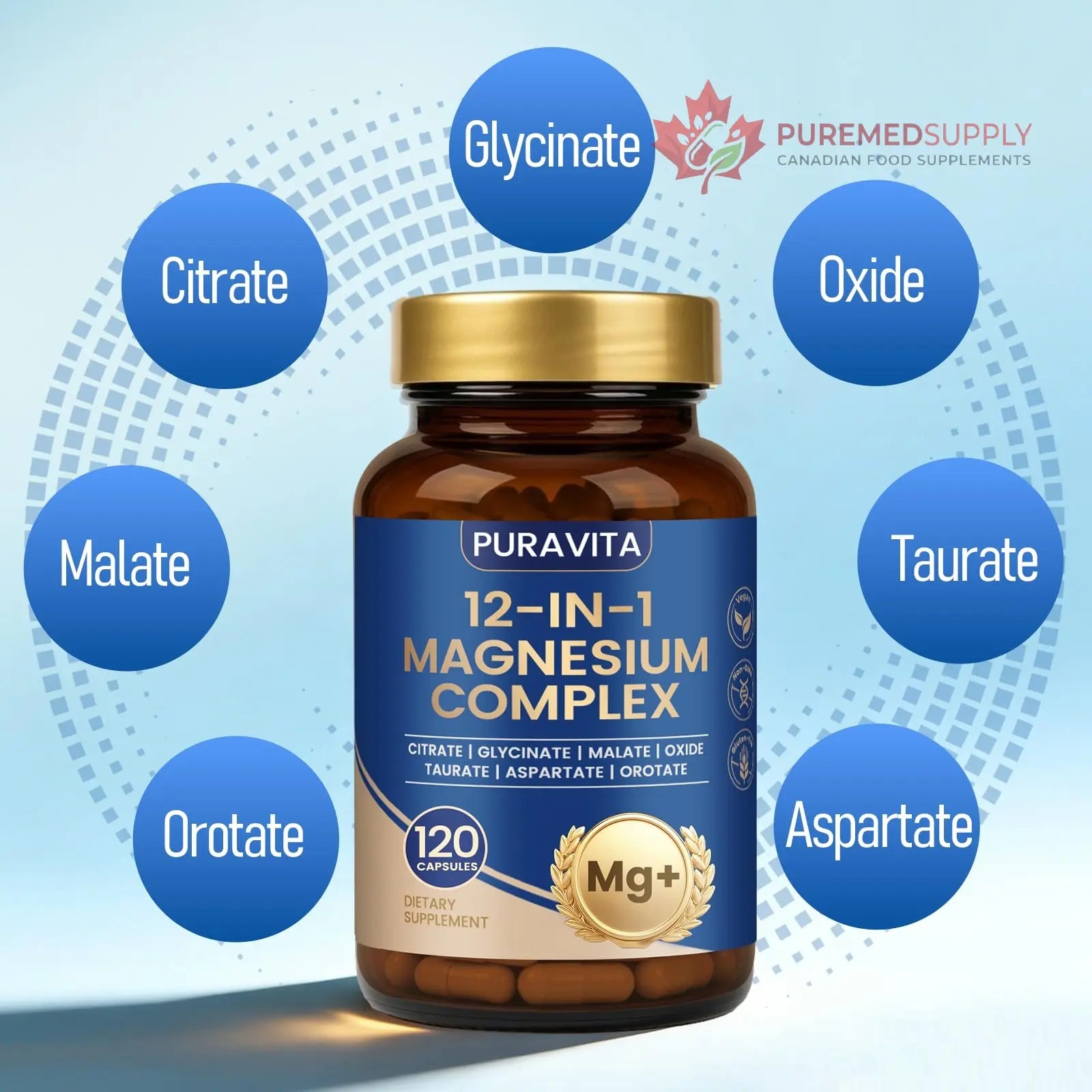 Puravita Magnesium Complex - Puravita 12 in 1 Magnesium Supplement with Glycinate, Citrate, Malate, Oxide, Taurat & More for Muscle, Nerve & Sleep Support, 120 Count PURAVITA buy supplements canada