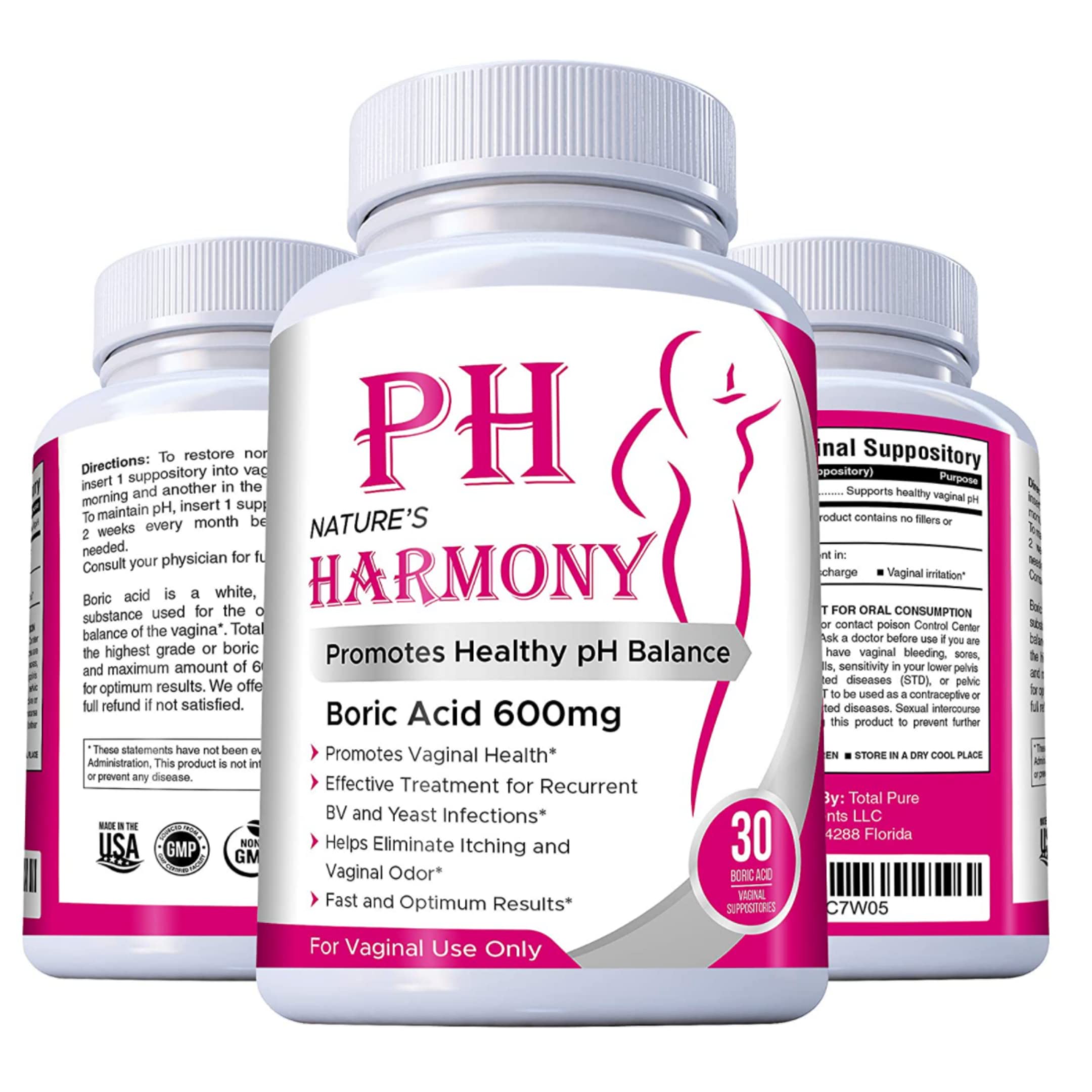 PURE PLANT HOME Boric Acid Suppositories Nature's Harmony 30 Count 600 mg 100% Pure Made in USA N'more buy supplements canada