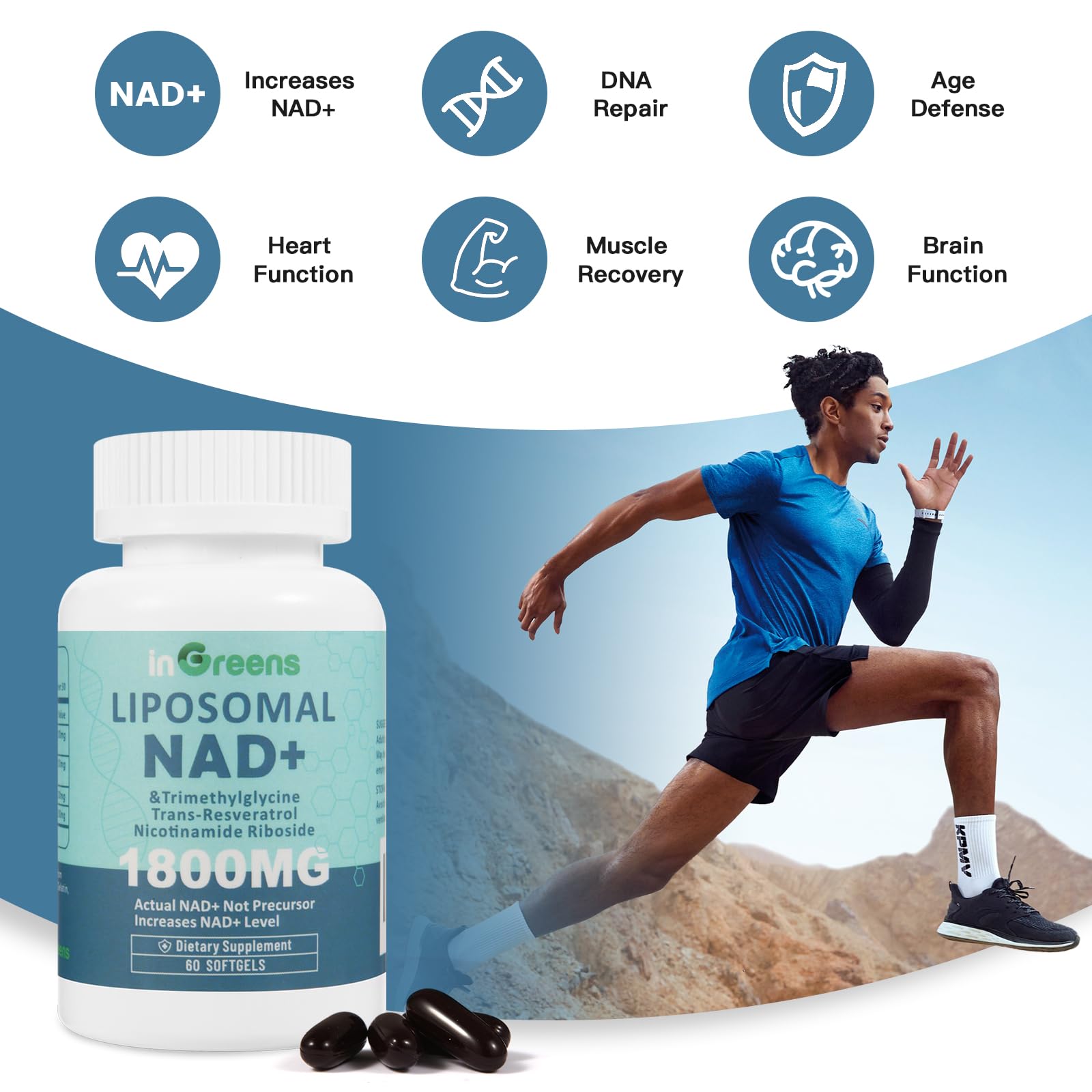 inGreens Liposomal NAD+ Supplement 1800 mg with Nicotinamide Riboside, Trans Resveratrol, Trimethylglycine，Replaces NMN, Boost NAD+, Aging Defense，Cellular Energy, 120 Softgels inGreens buy supplements canada