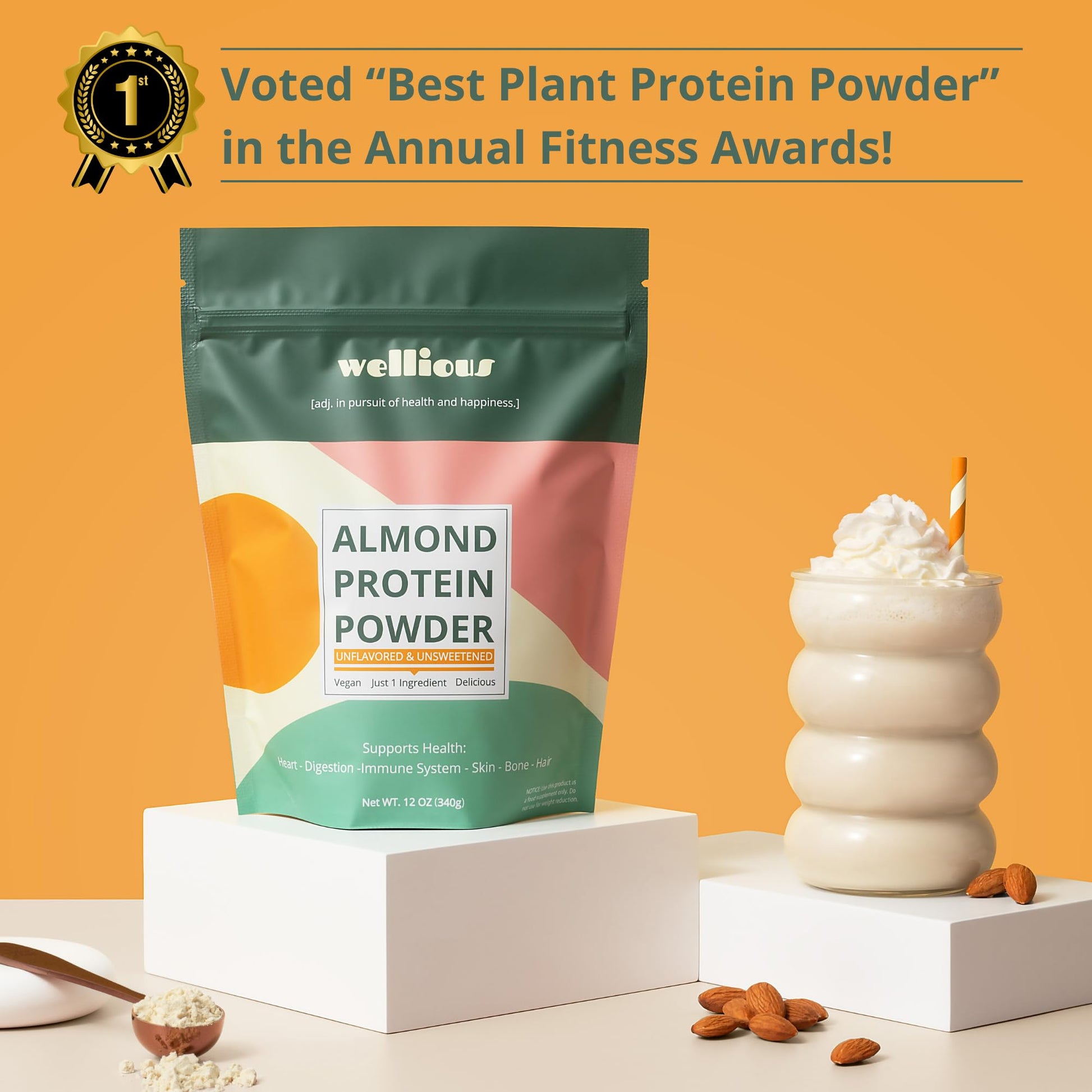 wellious Almond Protein Powder (Unflavored, Unsweetened) - 18 Grams of Pure Healthiest Vegan Protein for Women & Men | Soy-Free & Gut Friendly Protein wellious buy supplements canada