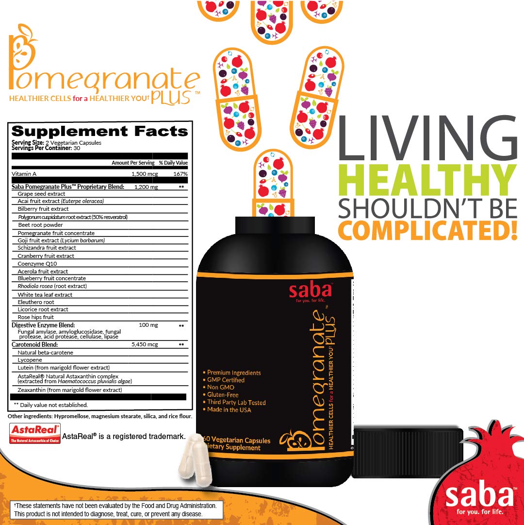 Saba Pomegranate Plus – Antioxidant Supplement with Astaxanthin & Adaptogens | Immune, Skin, Heart & Brain Support | Daily Stress & Cellular Wellness | 60 Capsules Saba buy supplements canada