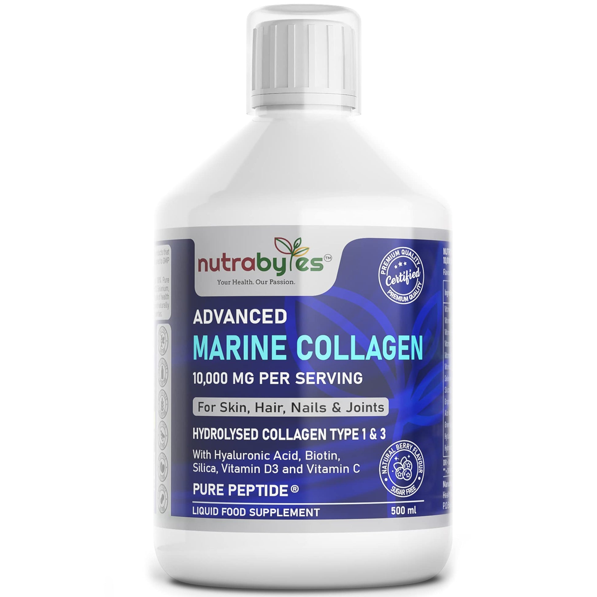 Marine Collagen Liquid 10000mg Sugar Free, Hydrolysed Peptides | Hyaluronic Acid, Biotin, Silica, Vitamin C, Vitamin D3 NUTRABYTES buy supplements canada