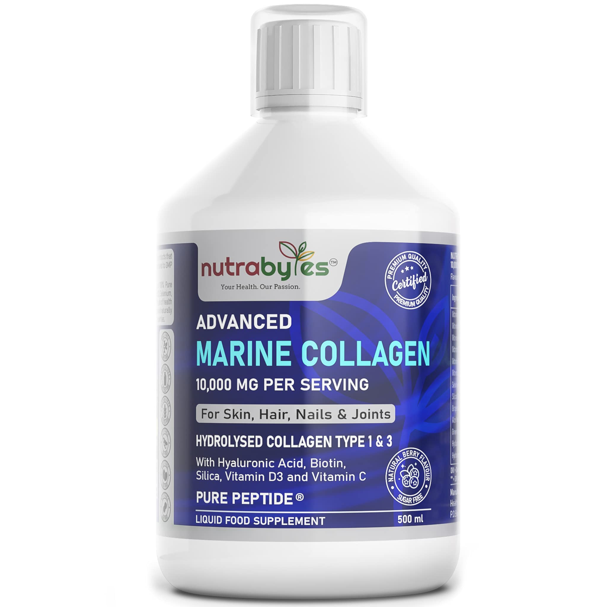 Marine Collagen Liquid 10000mg Sugar Free, Hydrolysed Peptides | Hyaluronic Acid, Biotin, Silica, Vitamin C, Vitamin D3 NUTRABYTES buy supplements canada