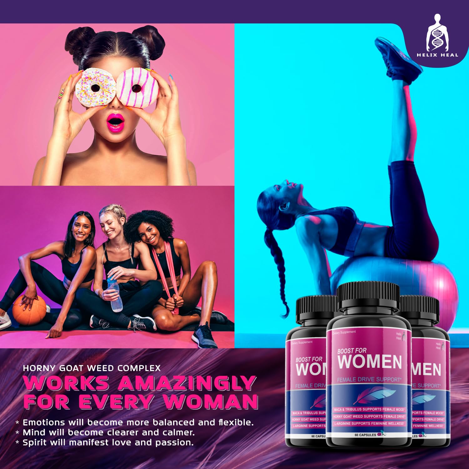 Helix Heal Libido Booster for Women Fast Acting with Horny Goat Weed - Female Desire Pills with Maca Root, Tribulus Terrestris, Ginseng and Hornygoatweed Women - Hormone Balance, Made in USA (60 ct) Helix Heal buy supplements canada