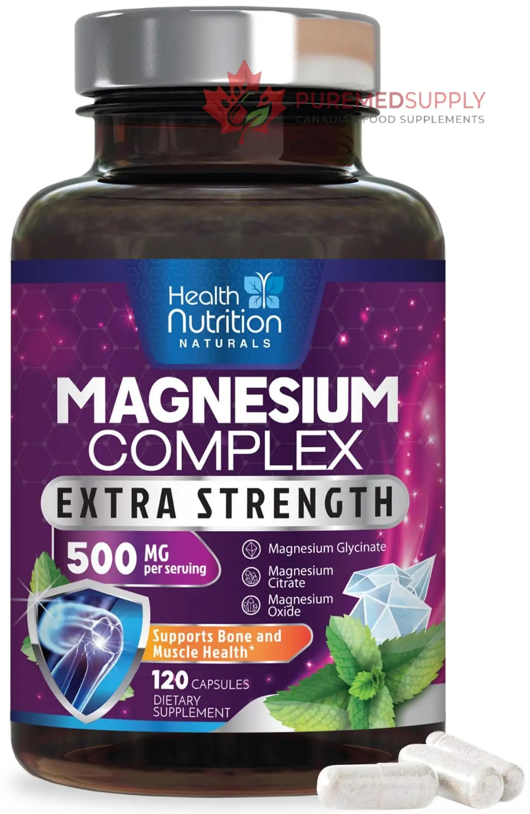 Magnesium Complex Capsules - 500mg per Serving Magnesium - High Absorption Chelated Mineral Supplement - with Oxide, Glycinate, Malate, Citrate for Muscle Bone and Heart Health Support - 120 Capsules Health Nutrition Naturals buy supplements canada