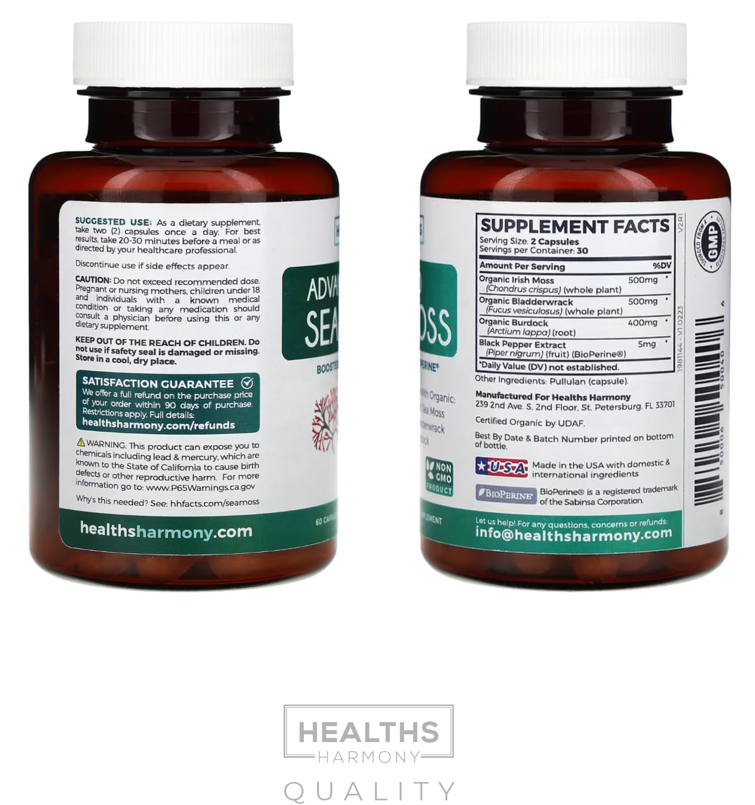 Organic Irish Sea Moss Capsules - Organic Sea Moss Capsules with Bladderwrack Burdock Root and Black Pepper Extract for Enhanced Absorption - Vegan Non-GMO & Made in the USA (1 Month Supply) Healths Harmony buy supplements canada