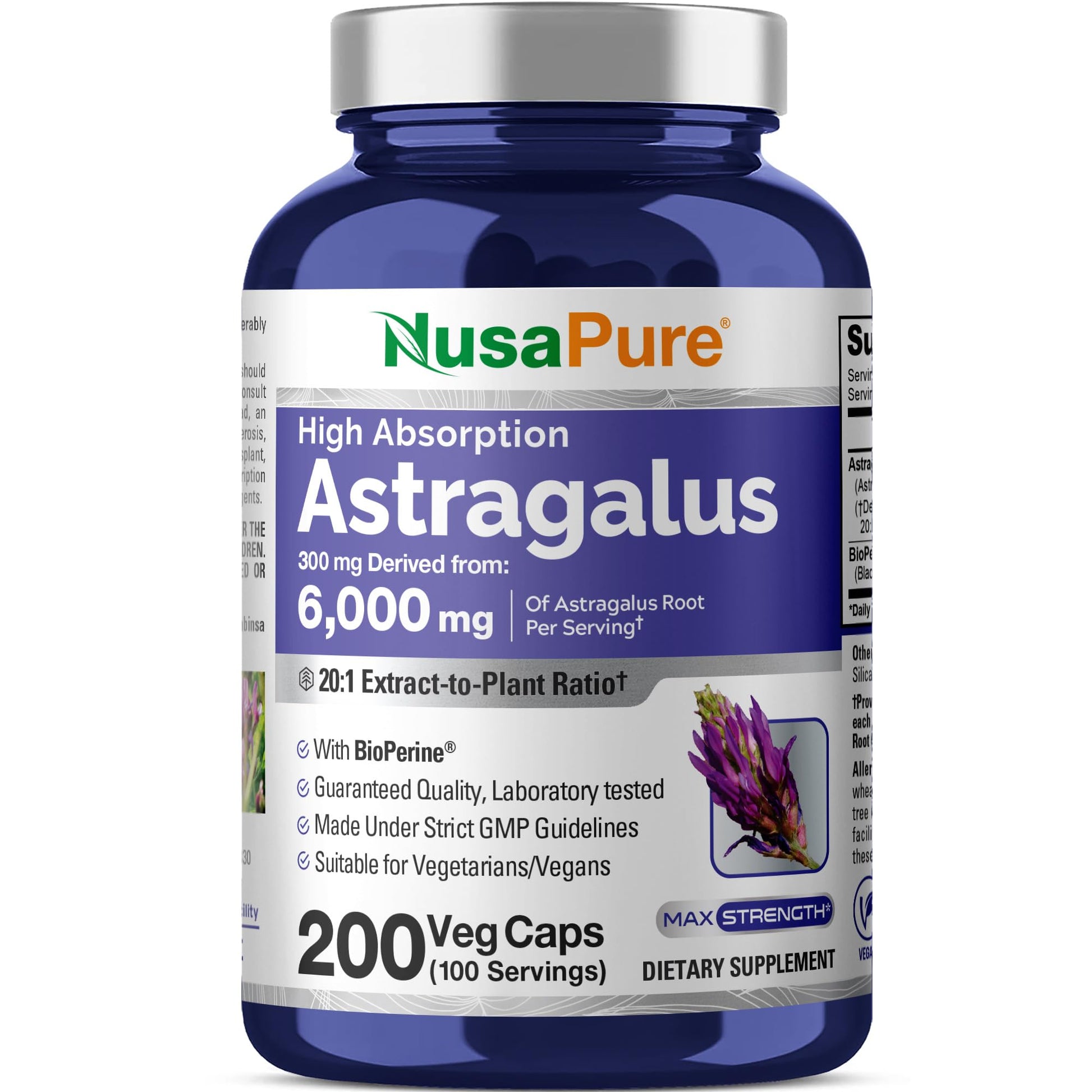 NusaPure Astragalus 20:1 Extract, 300 mg Equivalent to 6,000mg Per Serving, 200 Veggie Capsules, Vegan, Non-GMO & Bioperine NusaPure buy supplements canada